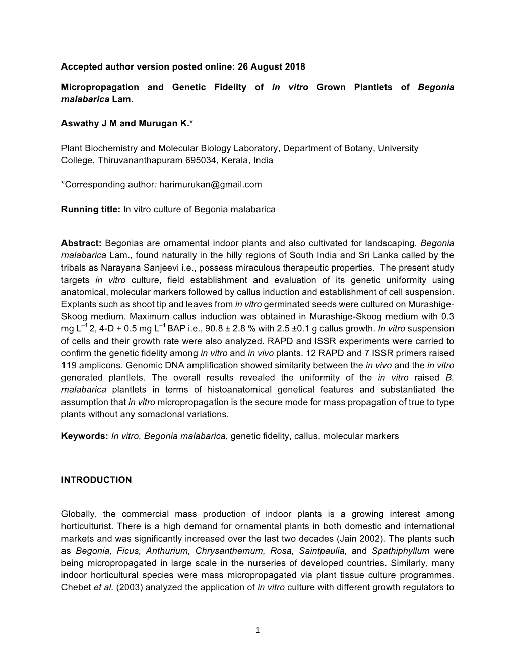 1 Accepted Author Version Posted Online: 26 August 2018 Micropropagation and Genetic Fidelity of in Vitro Grown Plantlets of B