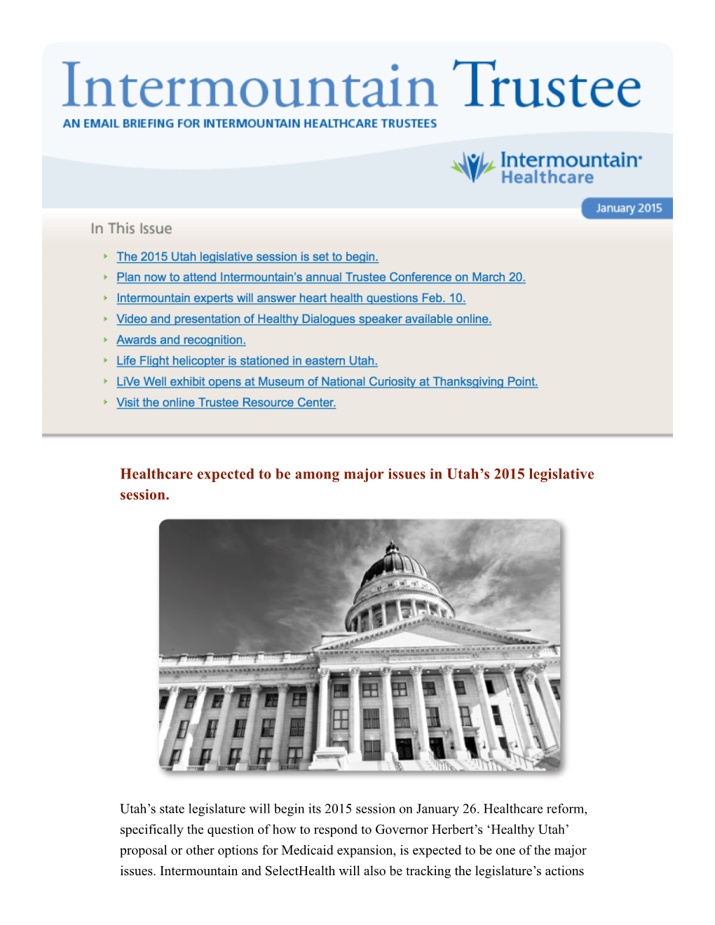 Healthcare Expected to Be Among Major Issues in Utah's 2015 Legislative Session