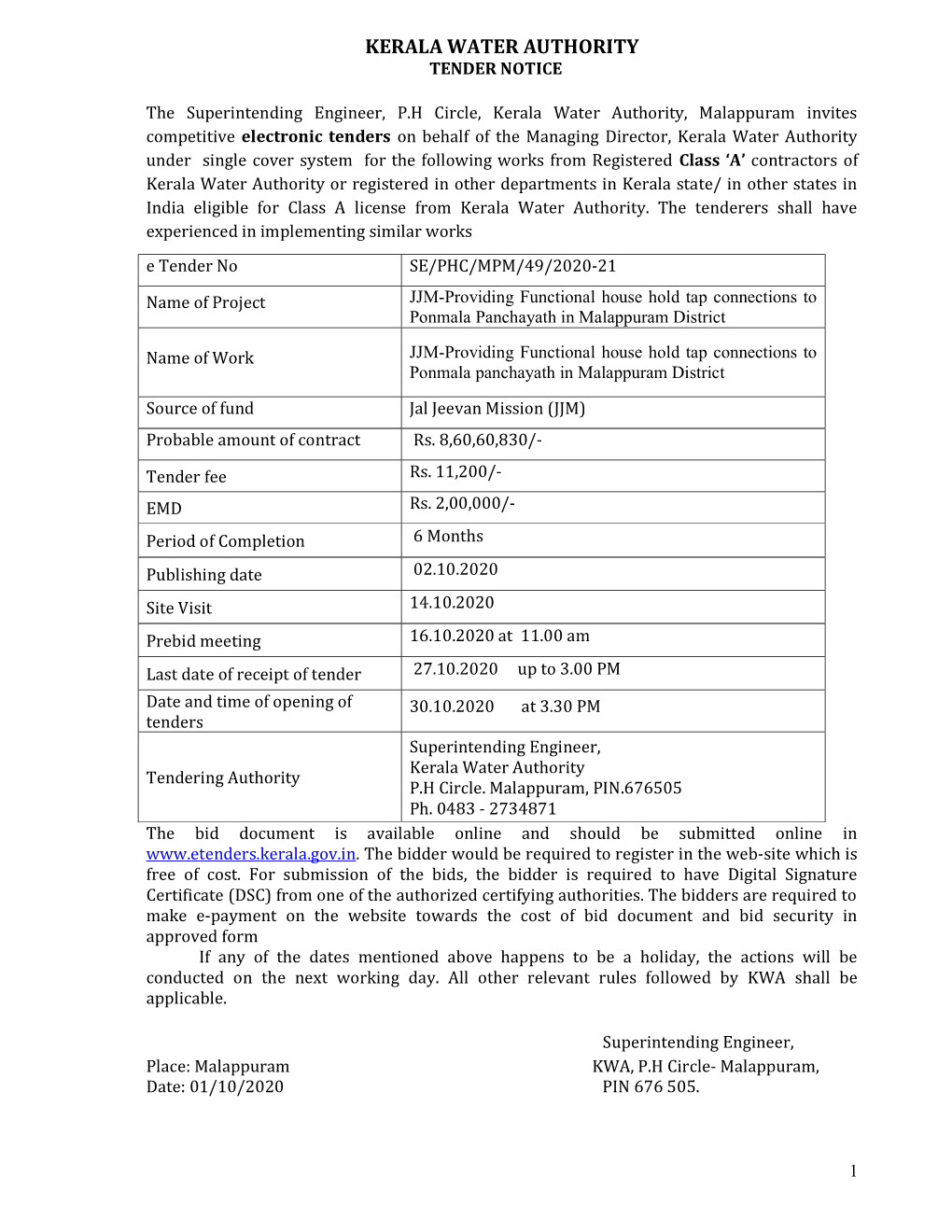 Kerala Water Authority Tender Notice