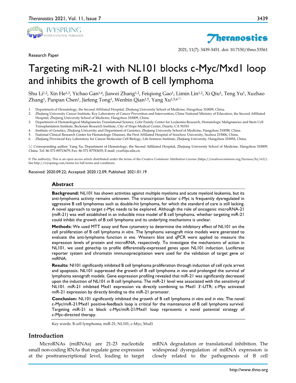 Theranostics Targeting Mir-21 with NL101 Blocks C-Myc/Mxd1 Loop And