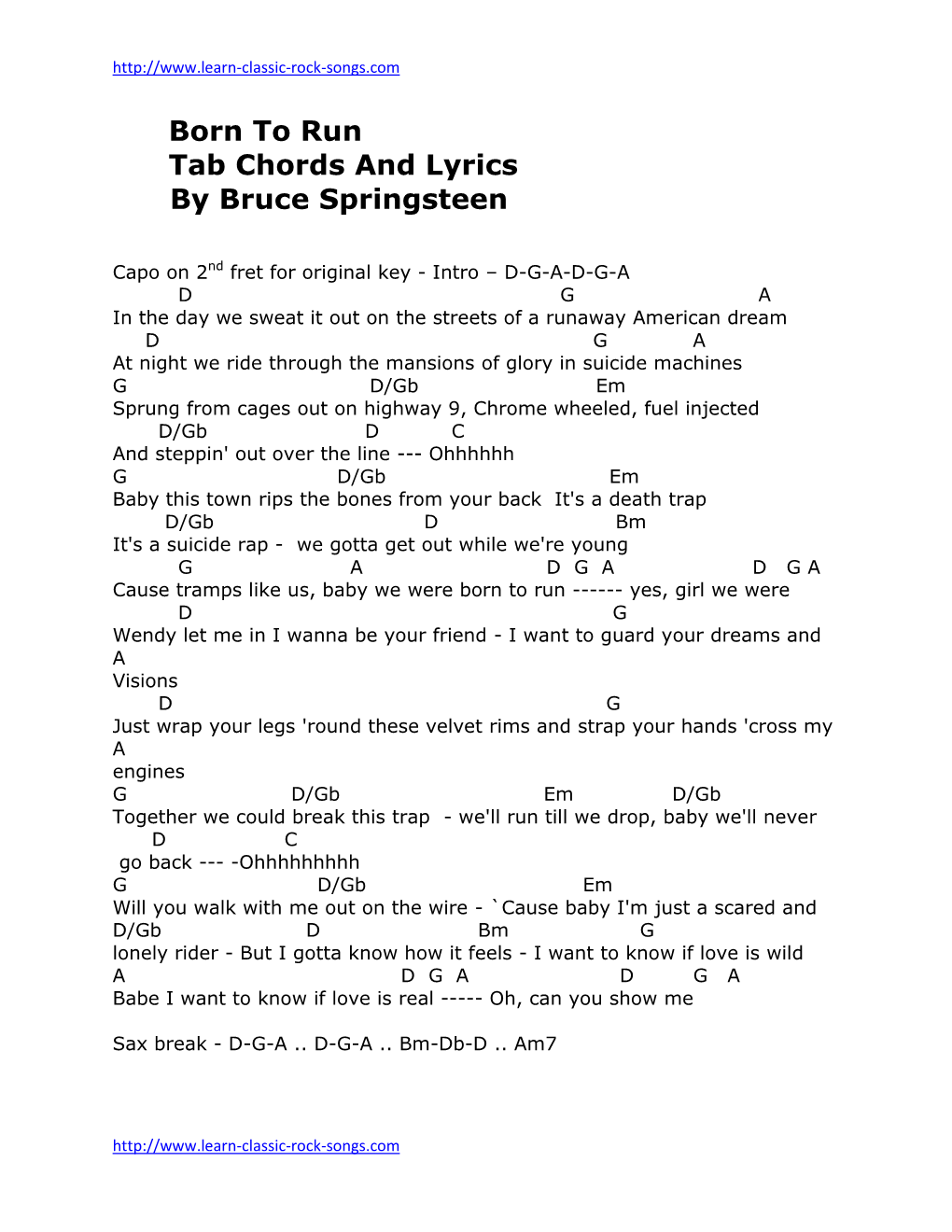 Born to Run Tab Chords and Lyrics by Bruce Springsteen