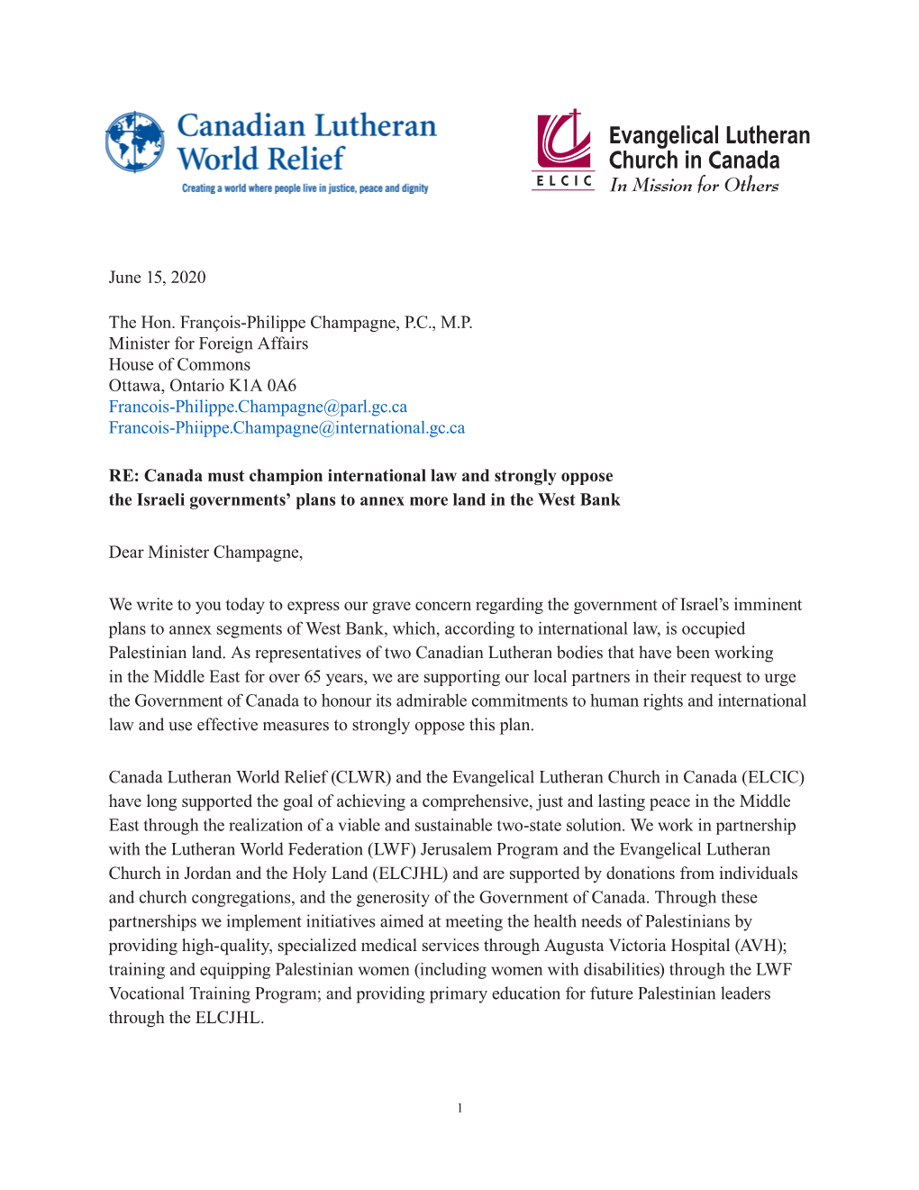 A Joint Letter from CLWR and the ELCIC to the Canadian Minister Of