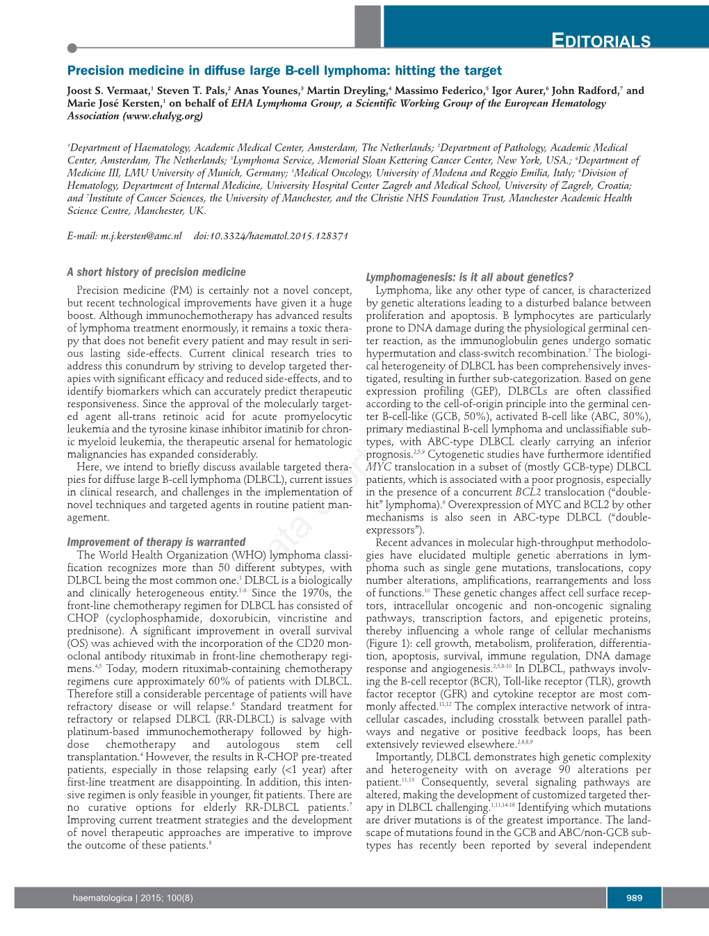 Precision Medicine in Diffuse Large B-Cell Lymphoma: Hitting the Target Joost S