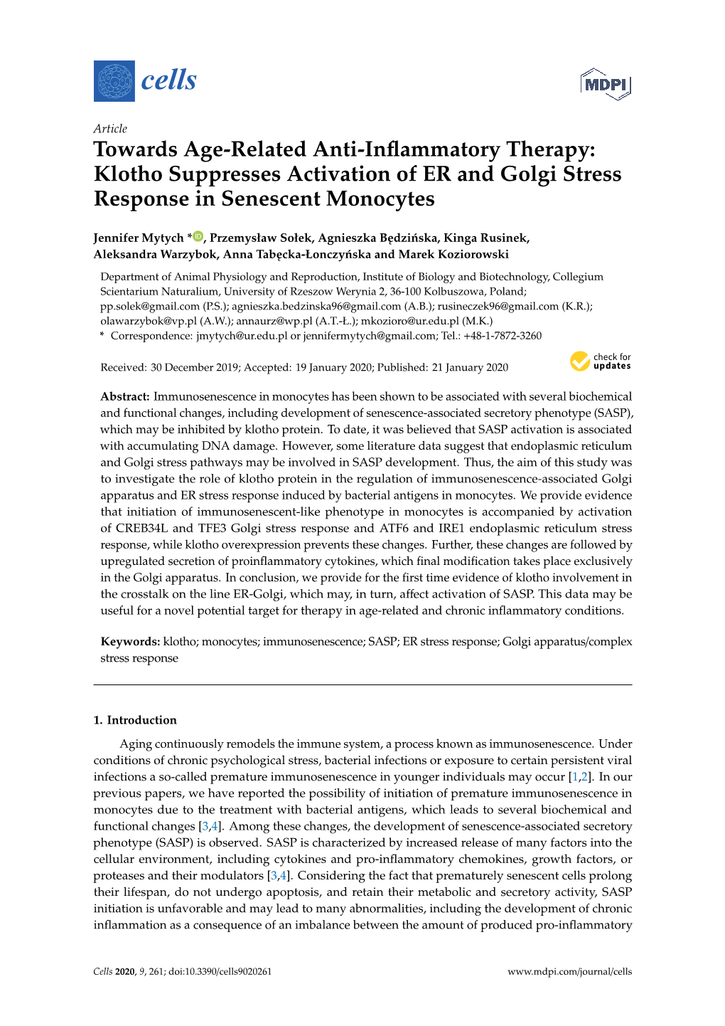 Klotho Suppresses Activation of ER and Golgi Stress Response in Senescent Monocytes