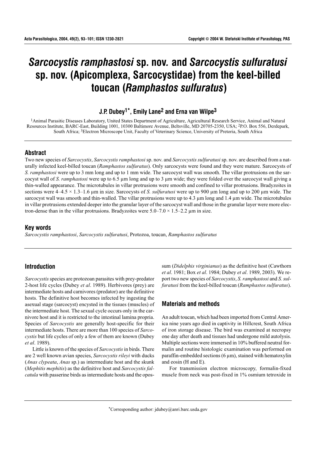 Sarcocystis Ramphastosi Sp. Nov. and Sarcocystis Sulfuratusi Sp. Nov