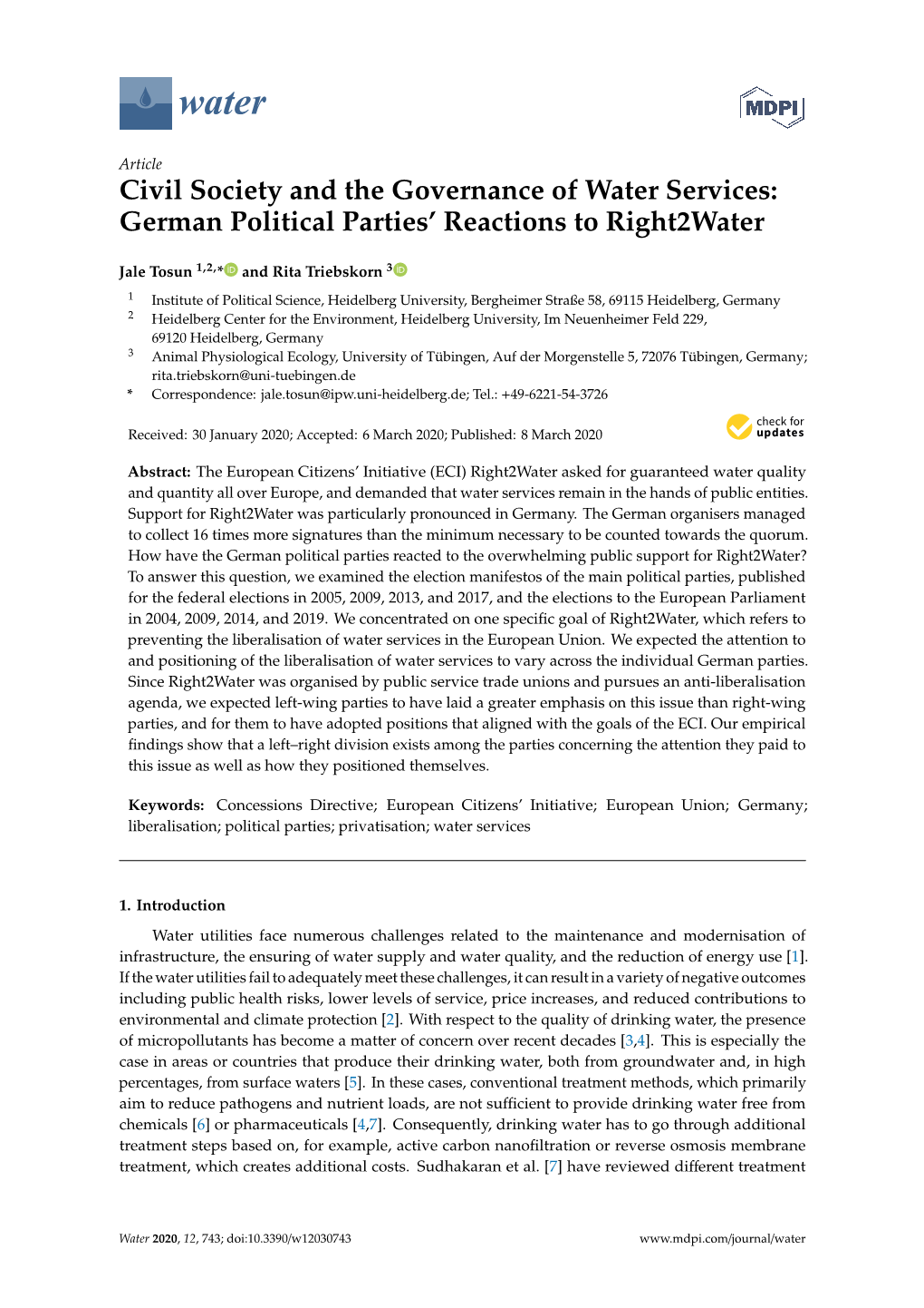 German Political Parties' Reactions to Right2water