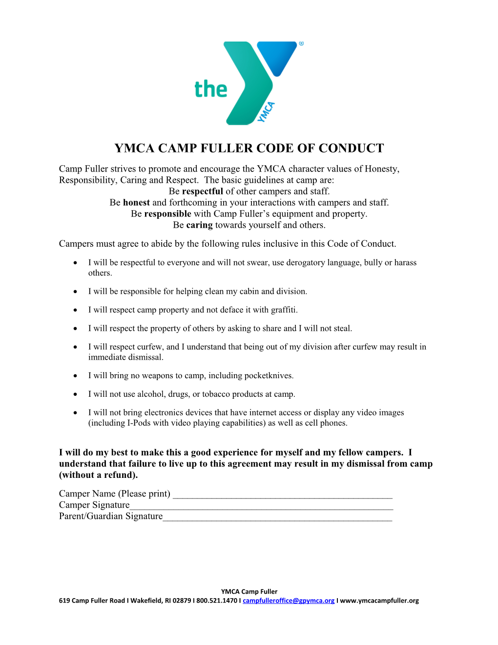 Ymca Camp Fuller Code of Conduct