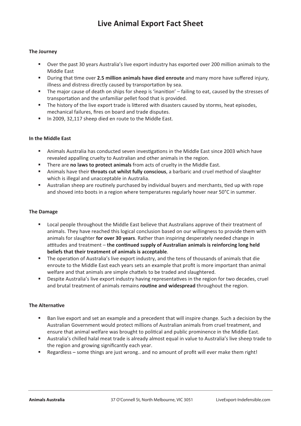 Live Animal Export Fact Sheet