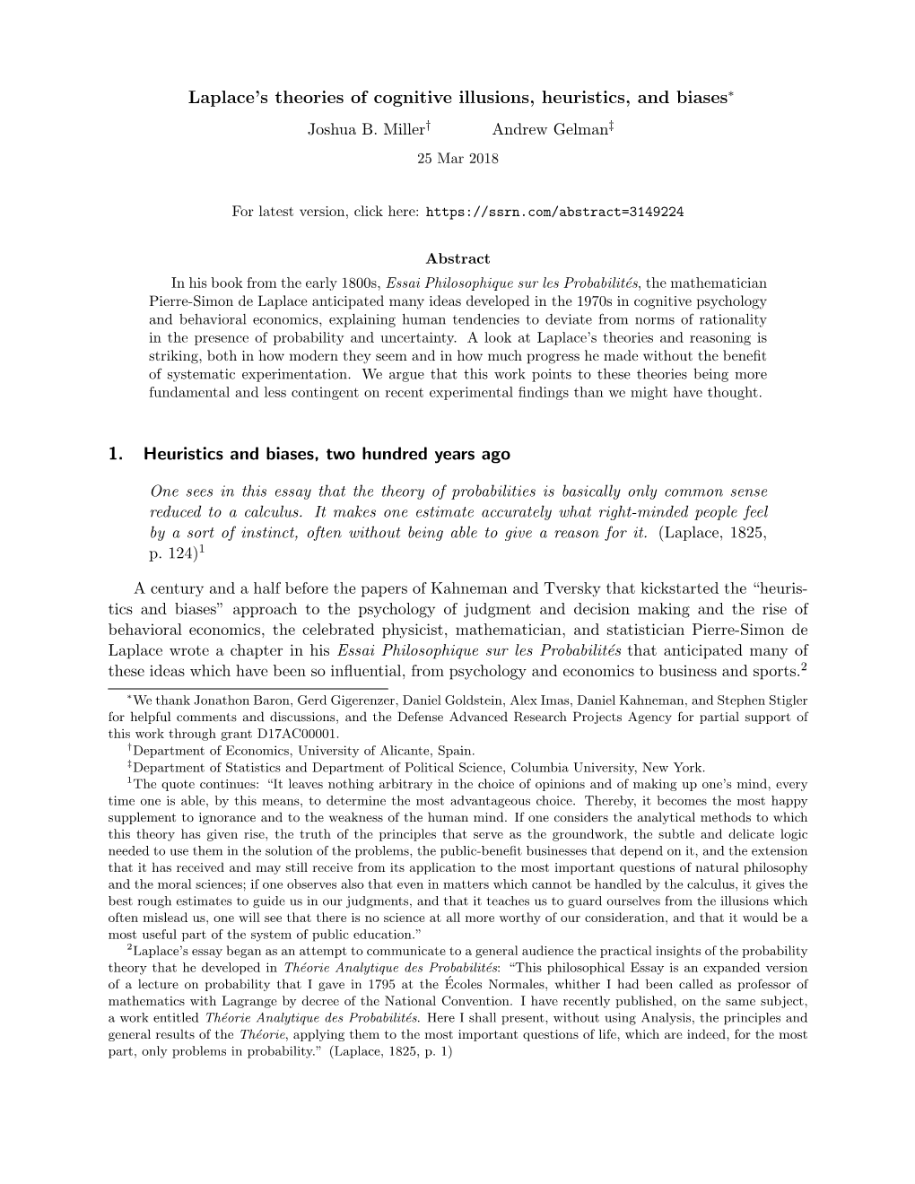 Laplace's Theories of Cognitive Illusions, Heuristics, and Biases∗ 1