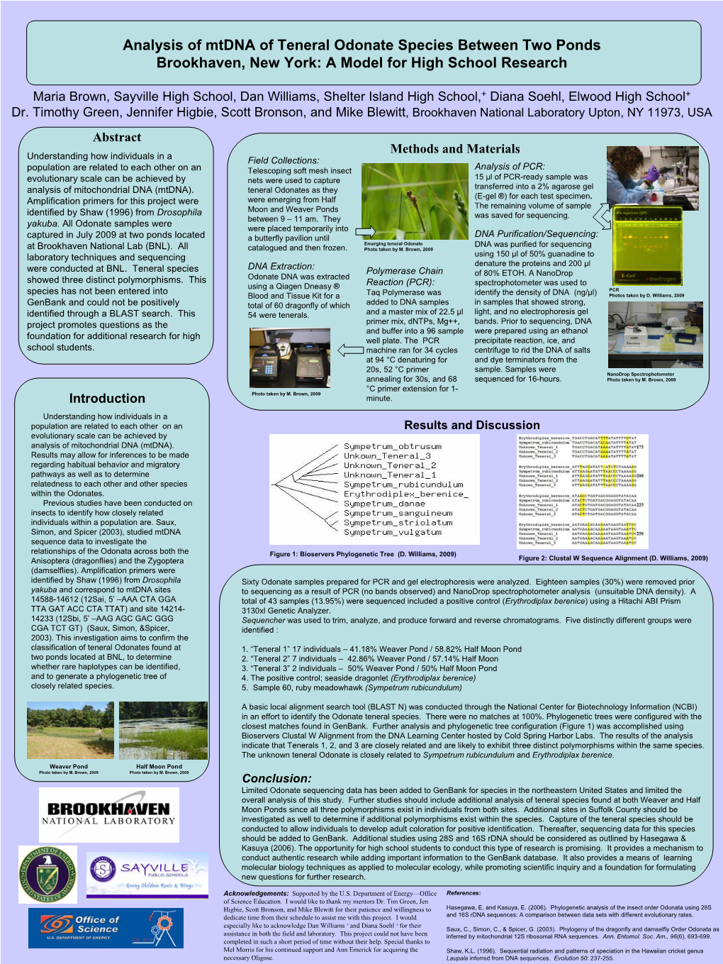 Analysis of Mtdna of Teneral Odonate Species Between Two Ponds Brookhaven, New York: a Model for High School Research