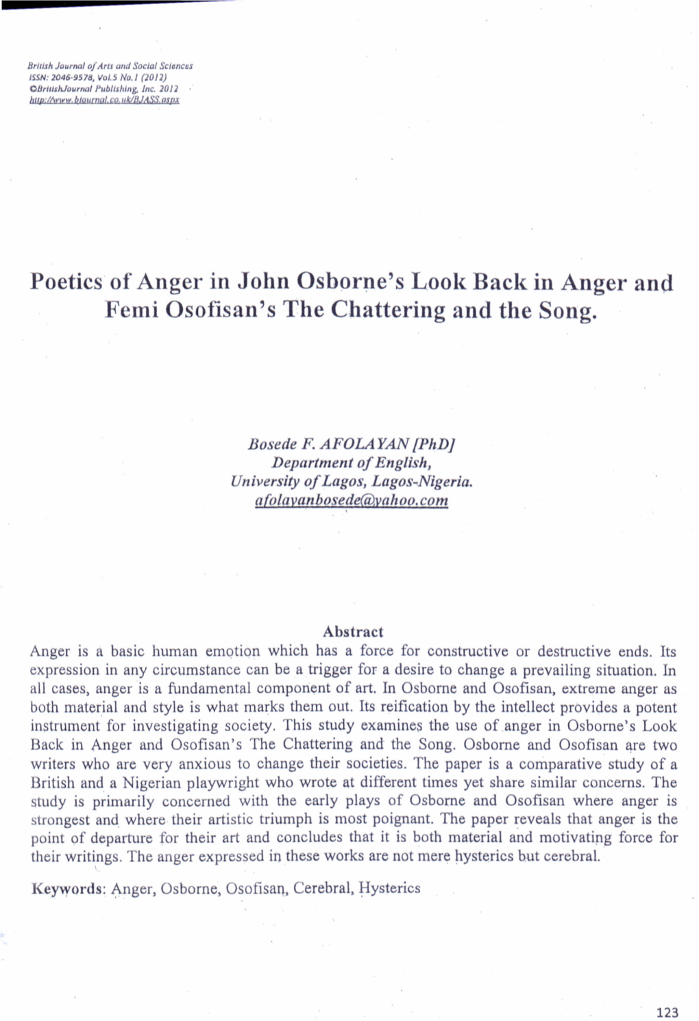 Poetics of Anger in John Osborne's Look Back in Anger and Femi Osofisan's the Chattering and the Song