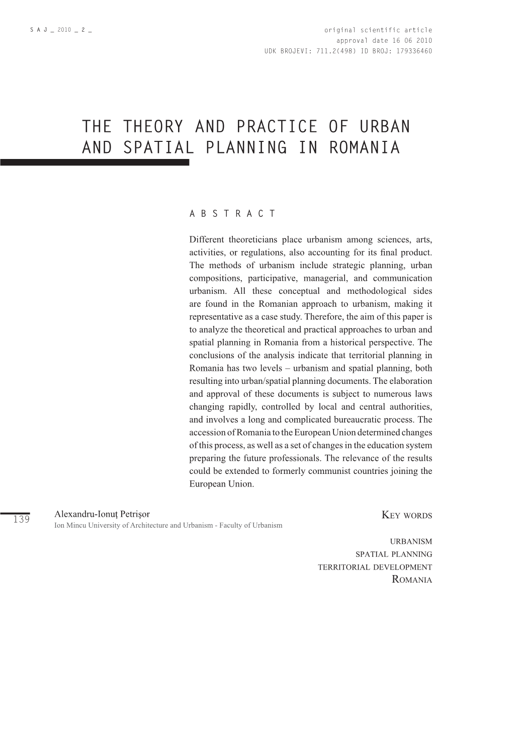 The Theory and Practice of Urban and Spatial Planning in Romania