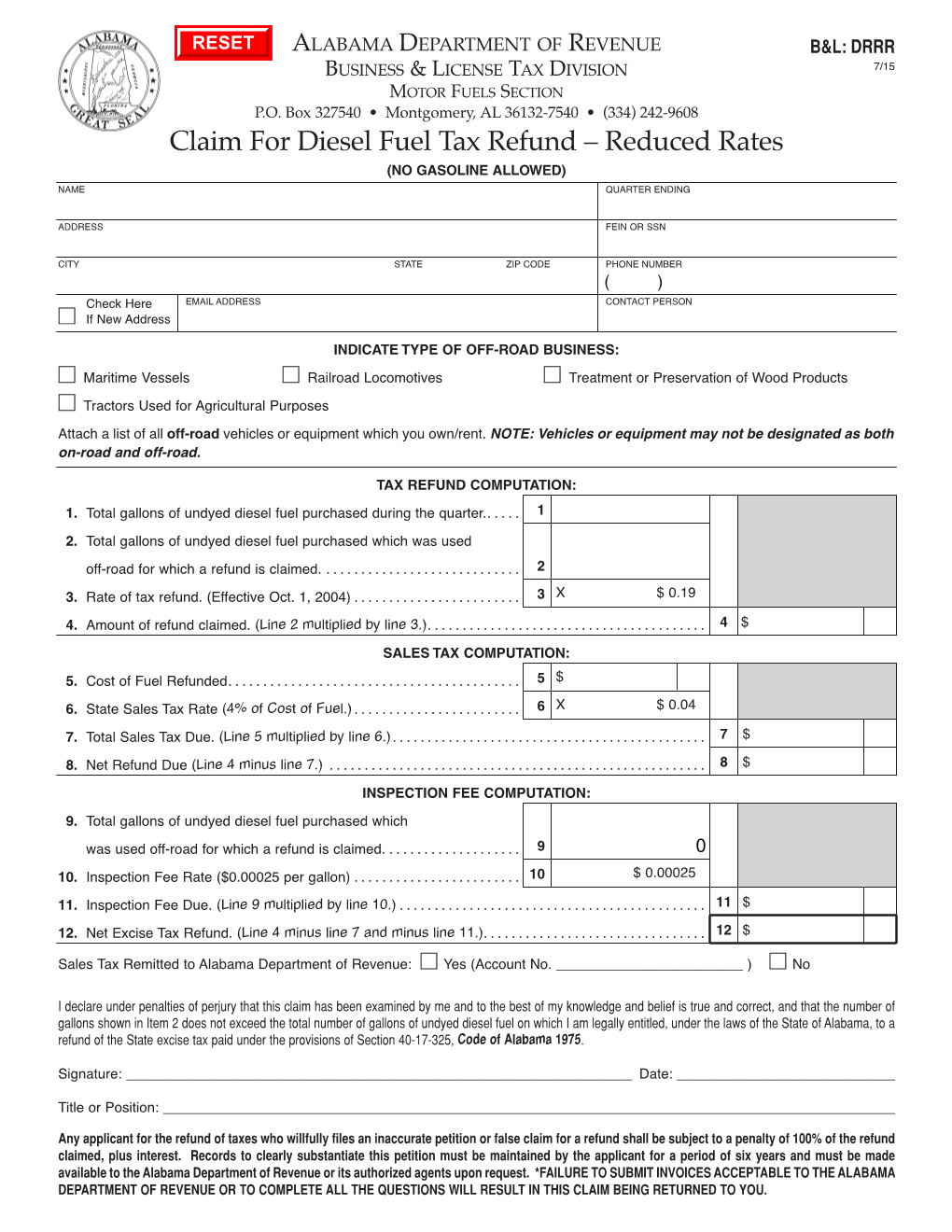 Claim for Diesel Fuel Tax Refund – Reduced Rates (NO GASOLINE ALLOWED)