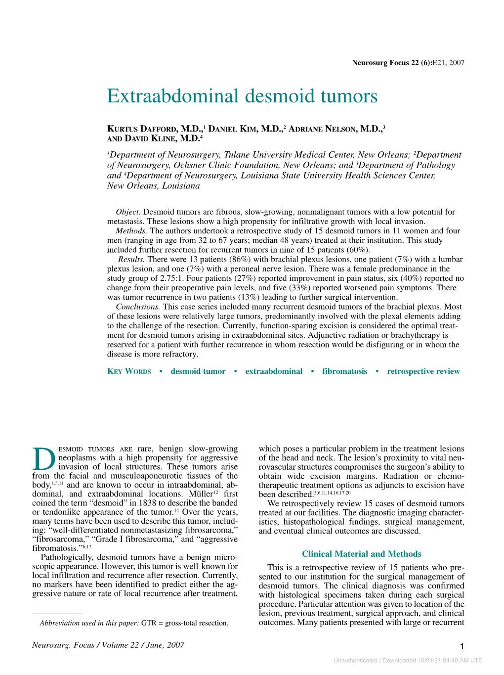 Extraabdominal Desmoid Tumors