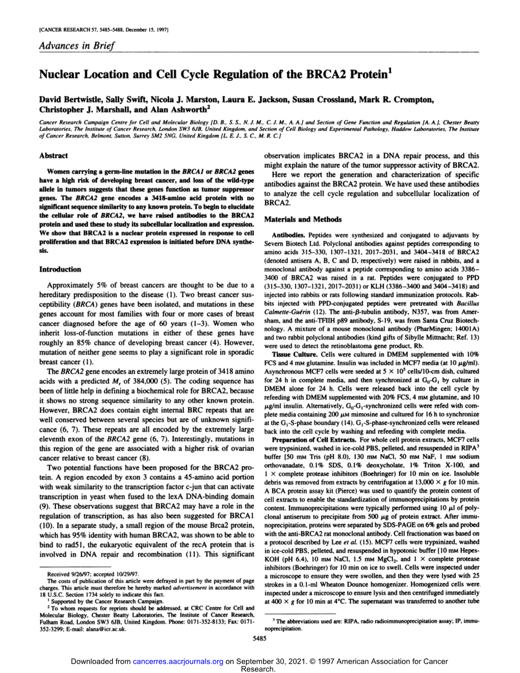 Nuclear Location and Cell Cycle Regulation of the BRCA2 Protein1