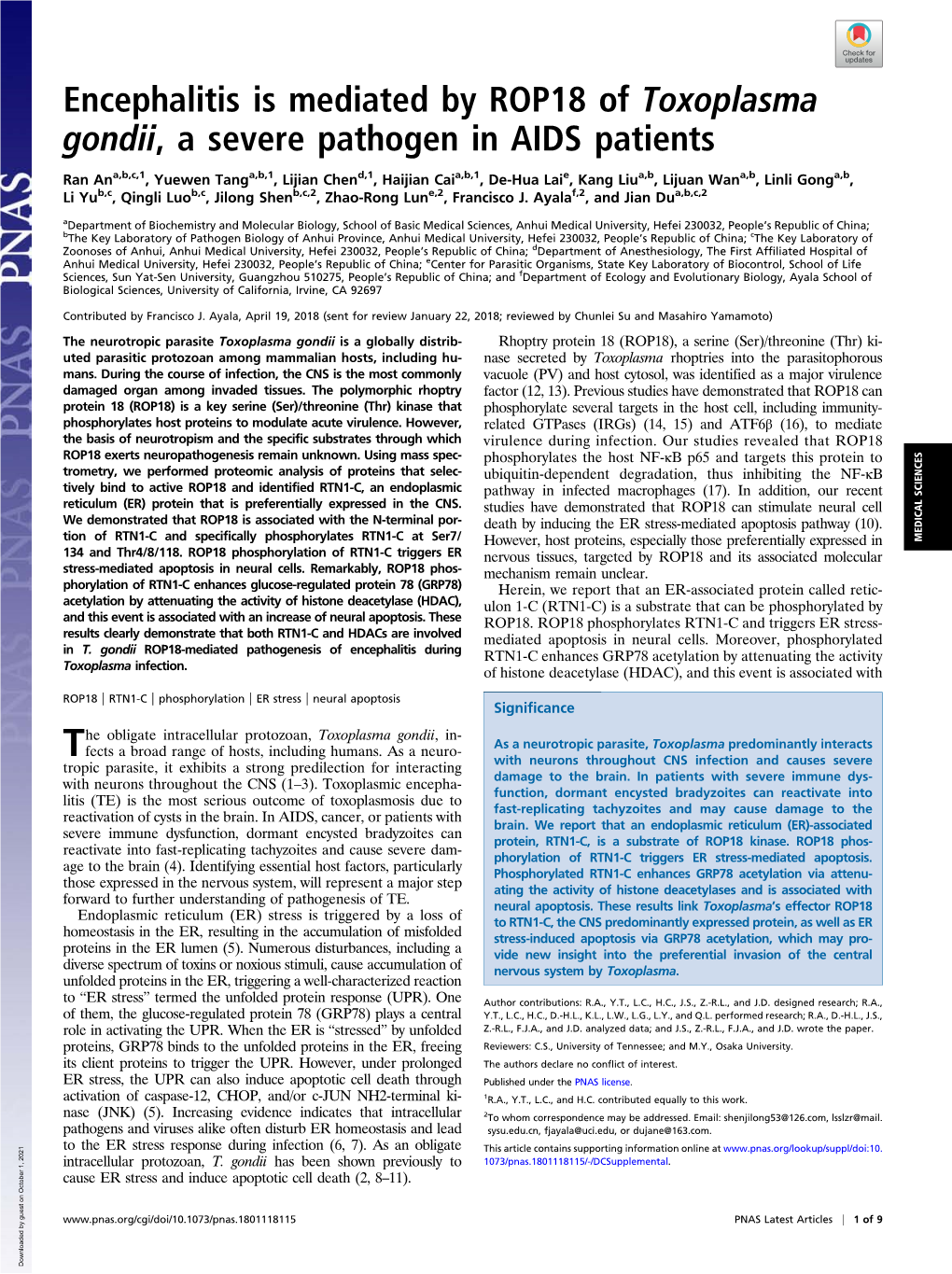 Encephalitis Is Mediated by ROP18 of Toxoplasma Gondii, a Severe Pathogen in AIDS Patients