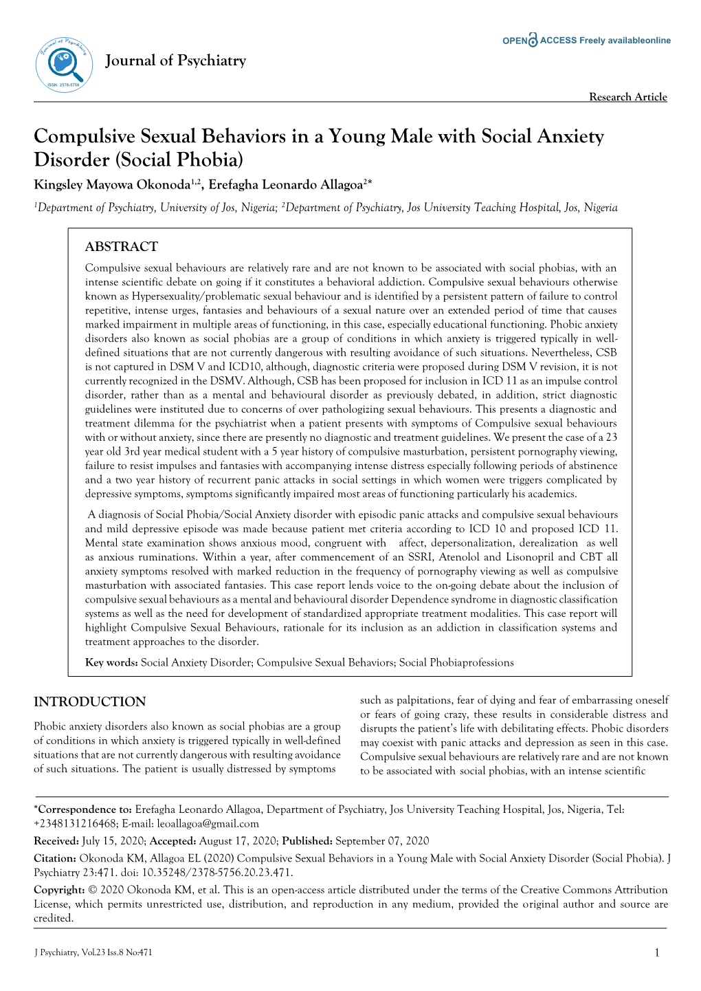 Compulsive Sexual Behaviors in a Young Male with Social Anxiety