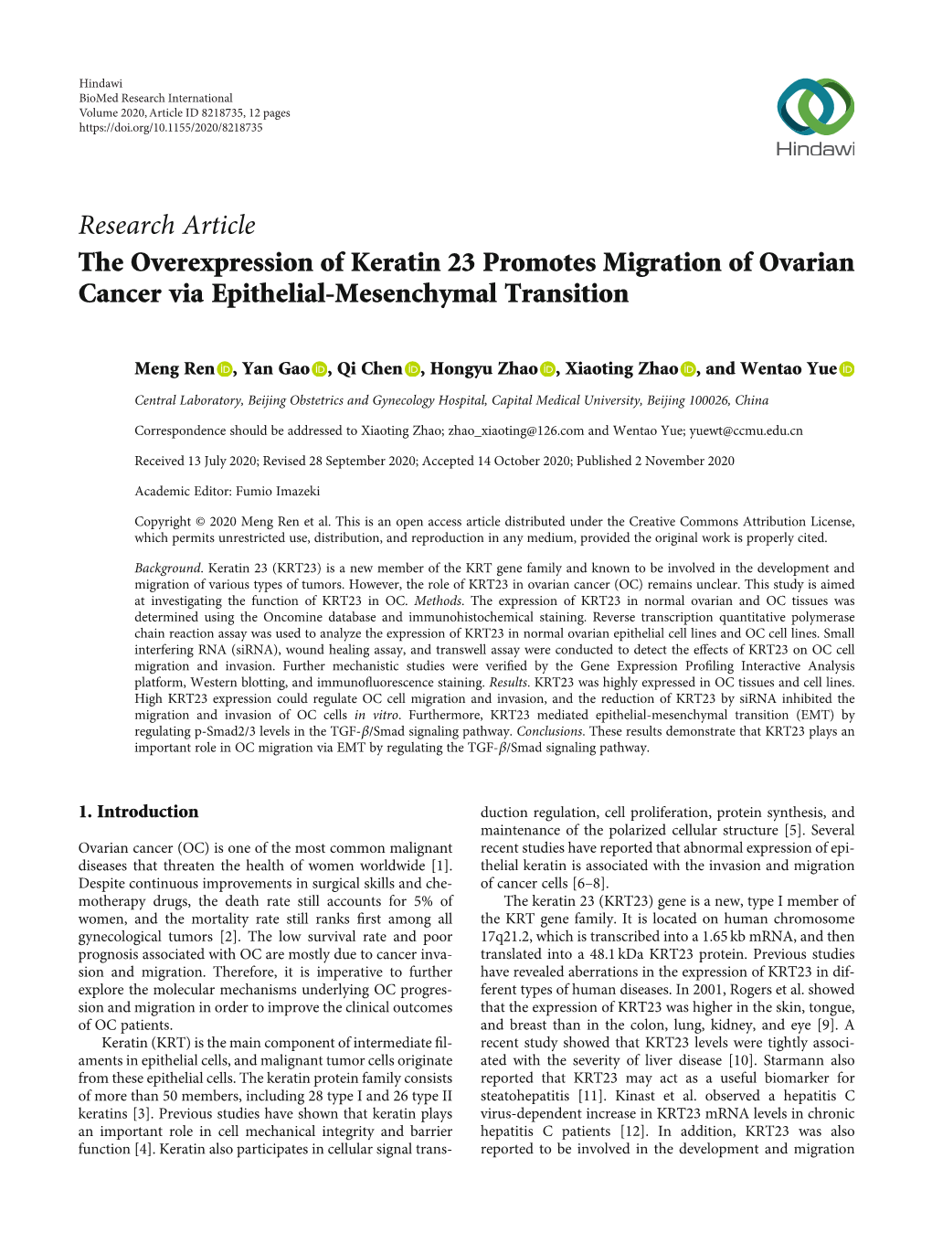 The Overexpression of Keratin 23 Promotes Migration of Ovarian Cancer Via Epithelial-Mesenchymal Transition