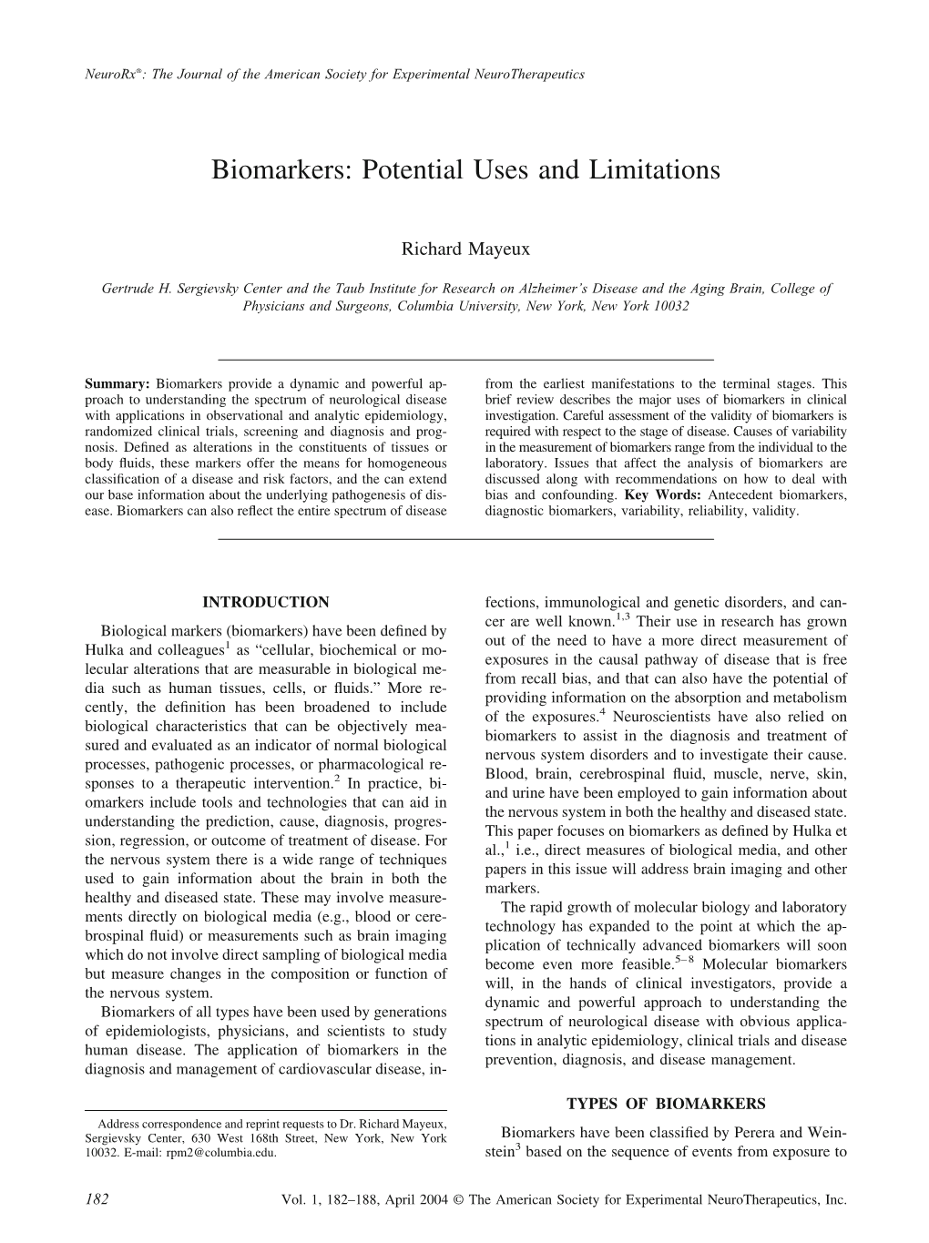 Biomarkers: Potential Uses and Limitations