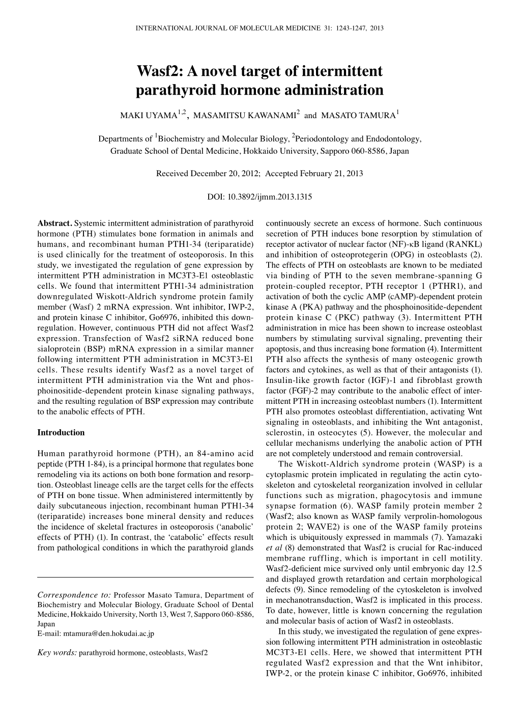 Wasf2: a Novel Target of Intermittent Parathyroid Hormone Administration