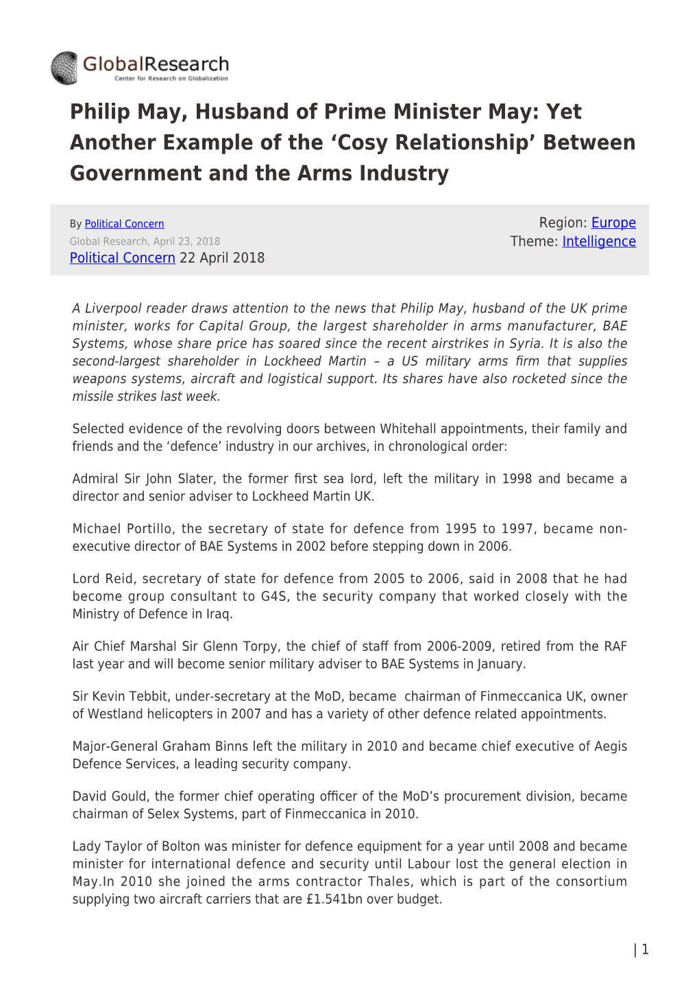 Philip May, Husband of Prime Minister May: Yet Another Example of the ‘Cosy Relationship’ Between Government and the Arms Industry