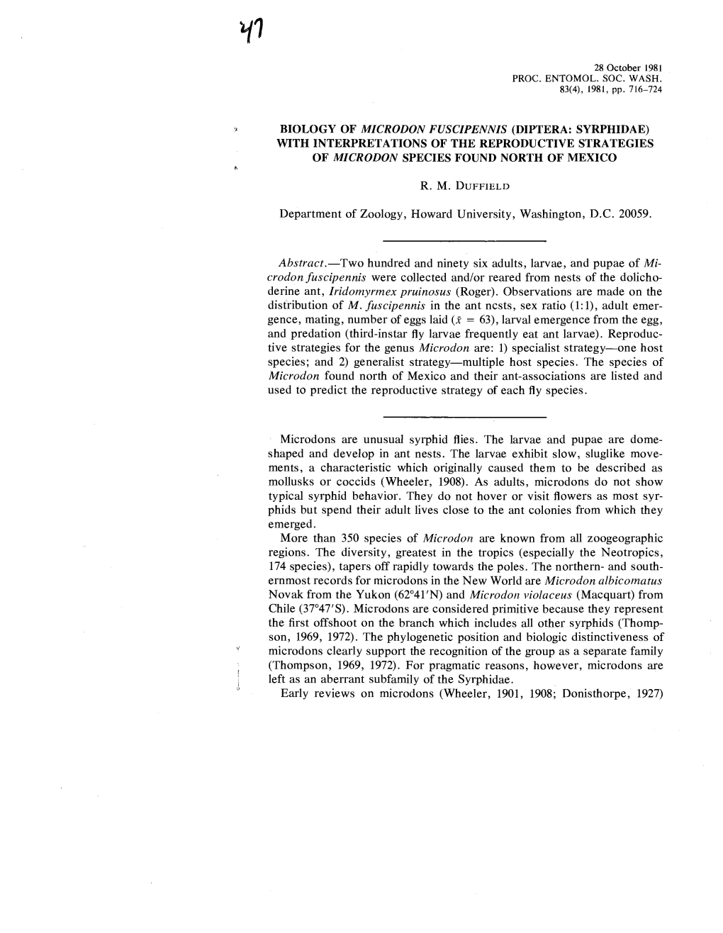 Biology of Microdon Fuscipennis (Diptera: Syrphidae) with Interpretations of the Reproductive Strategies of Microdon Species Found North of Mexico