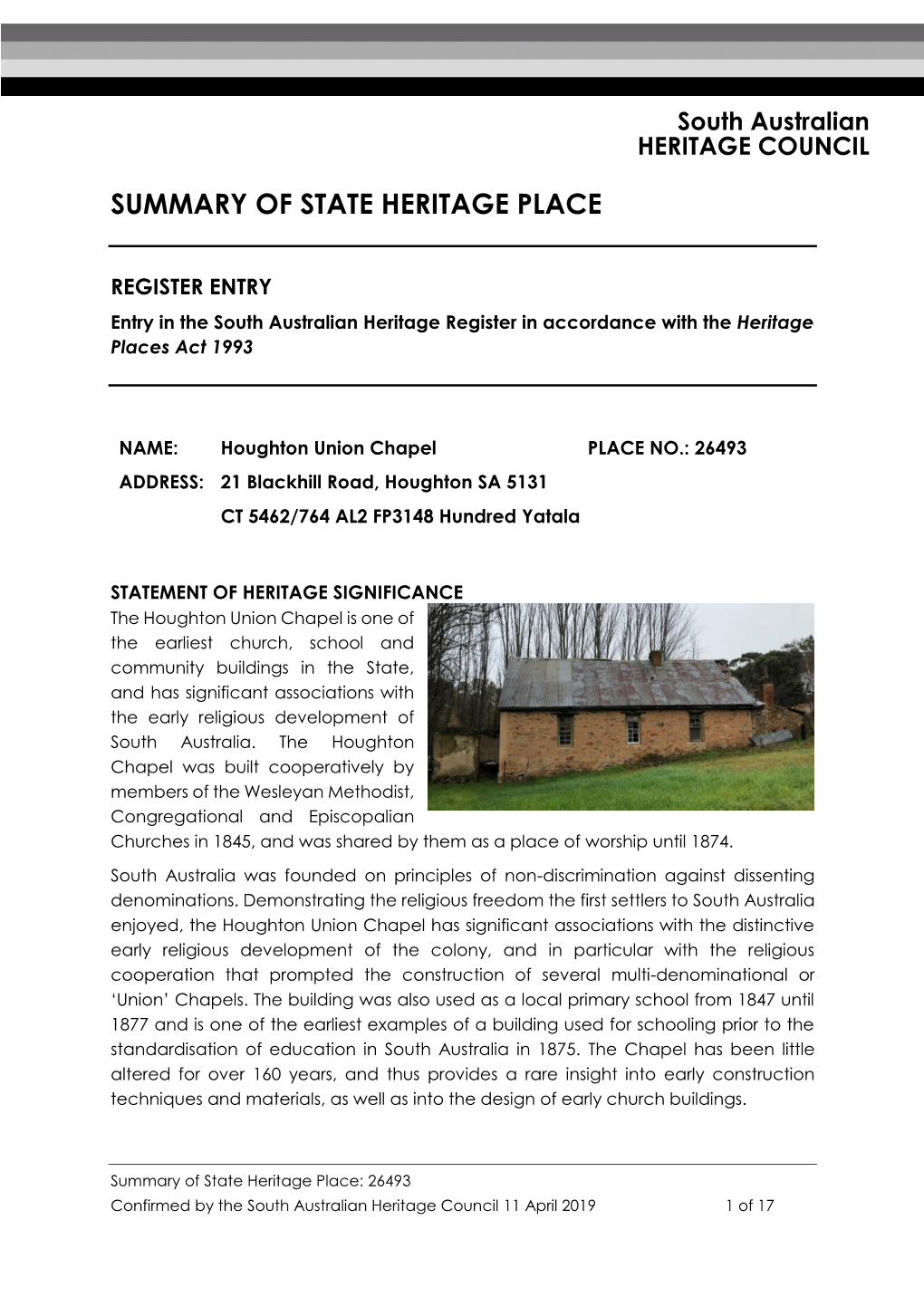 Summary of State Heritage Place