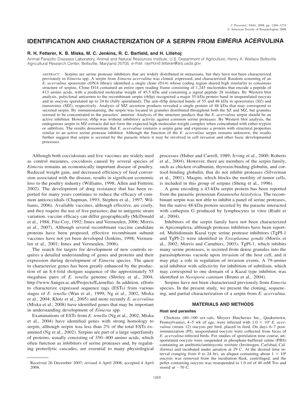 Identification and Characterization of a Serpin from Eimeria Acervulina