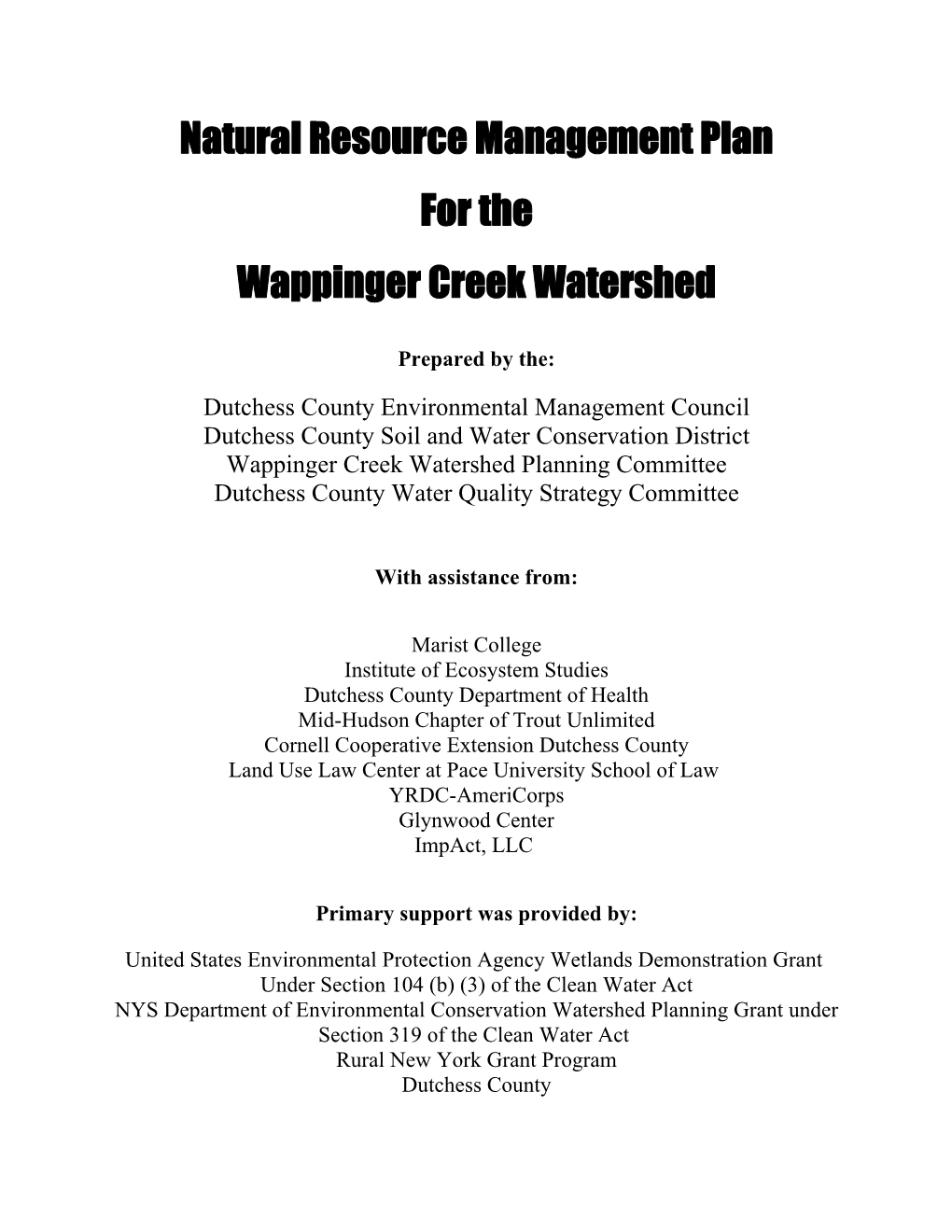 Wappingers Creek Watershed Management Plan