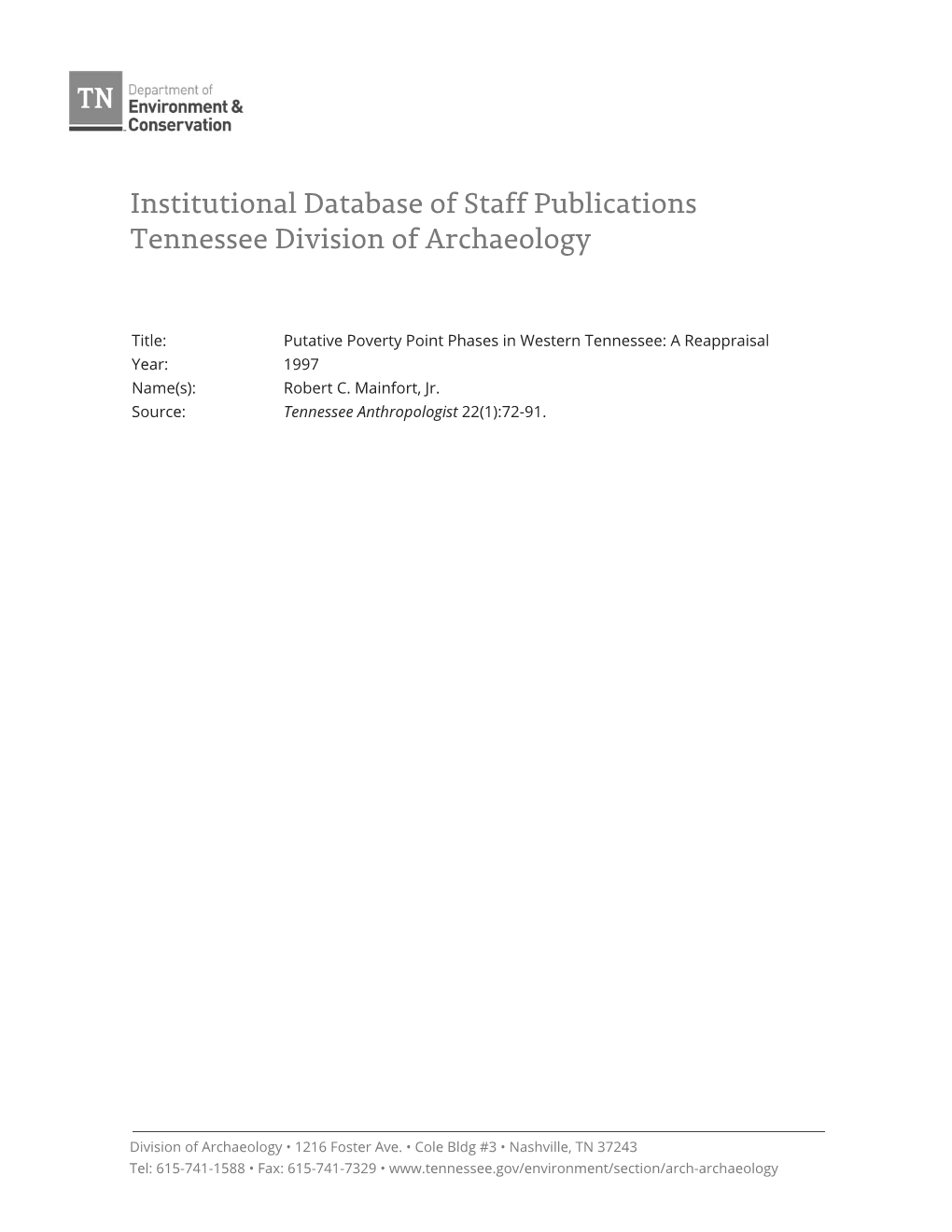 Institutional Database of Staff Publications Tennessee Division of Archaeology