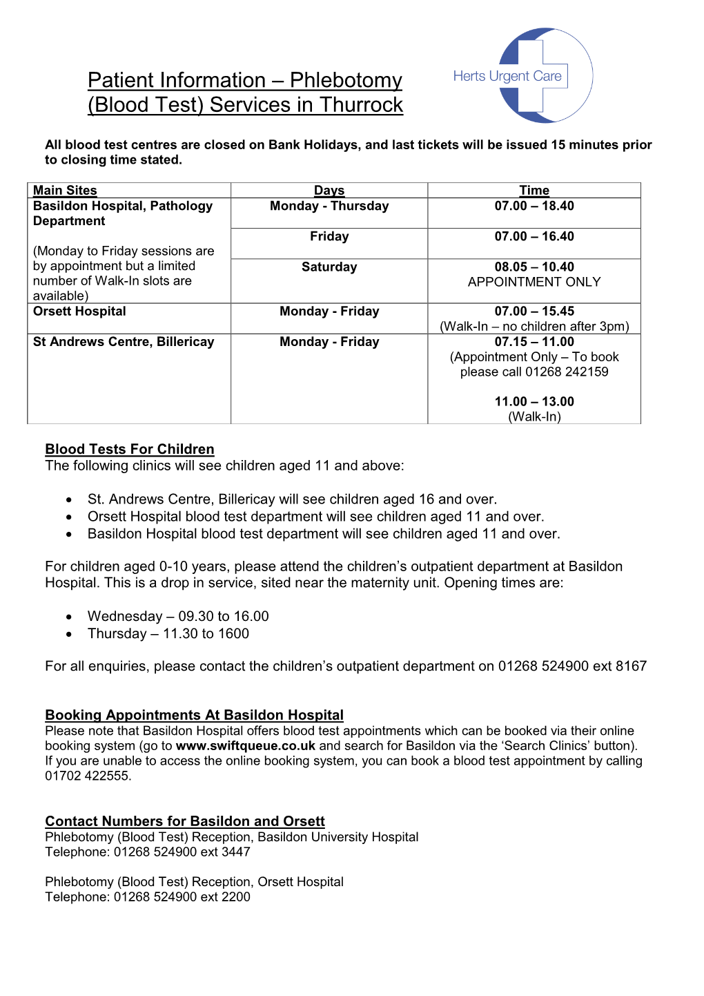 Patient Information – Phlebotomy (Blood Test) Services in Thurrock