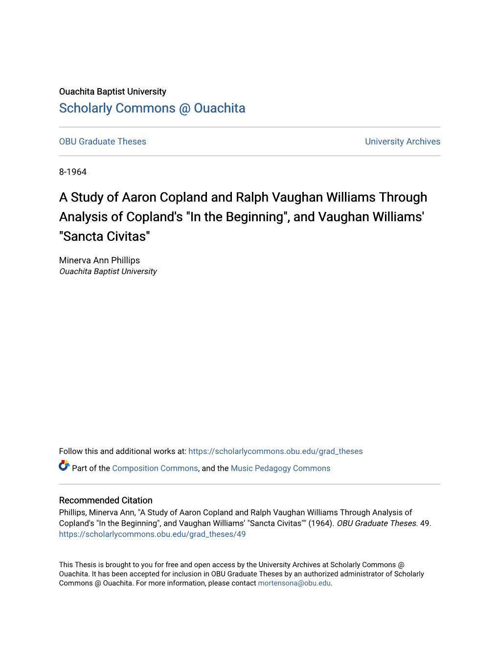 A Study of Aaron Copland and Ralph Vaughan Williams Through Analysis of Copland's 