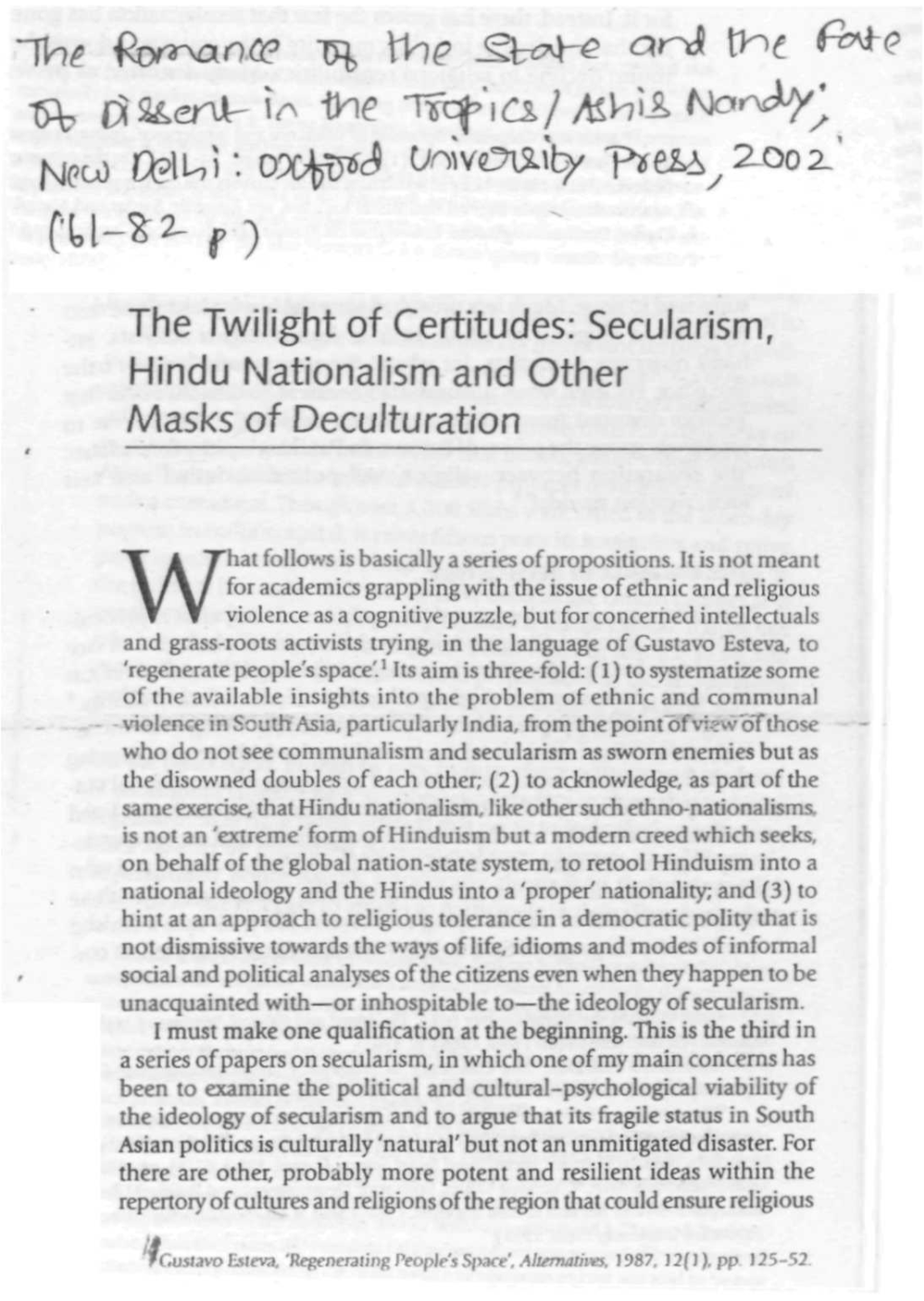 The Twilight of Certitudes: Secularism, Hindu Nationalism and Other Masks of Deculturation