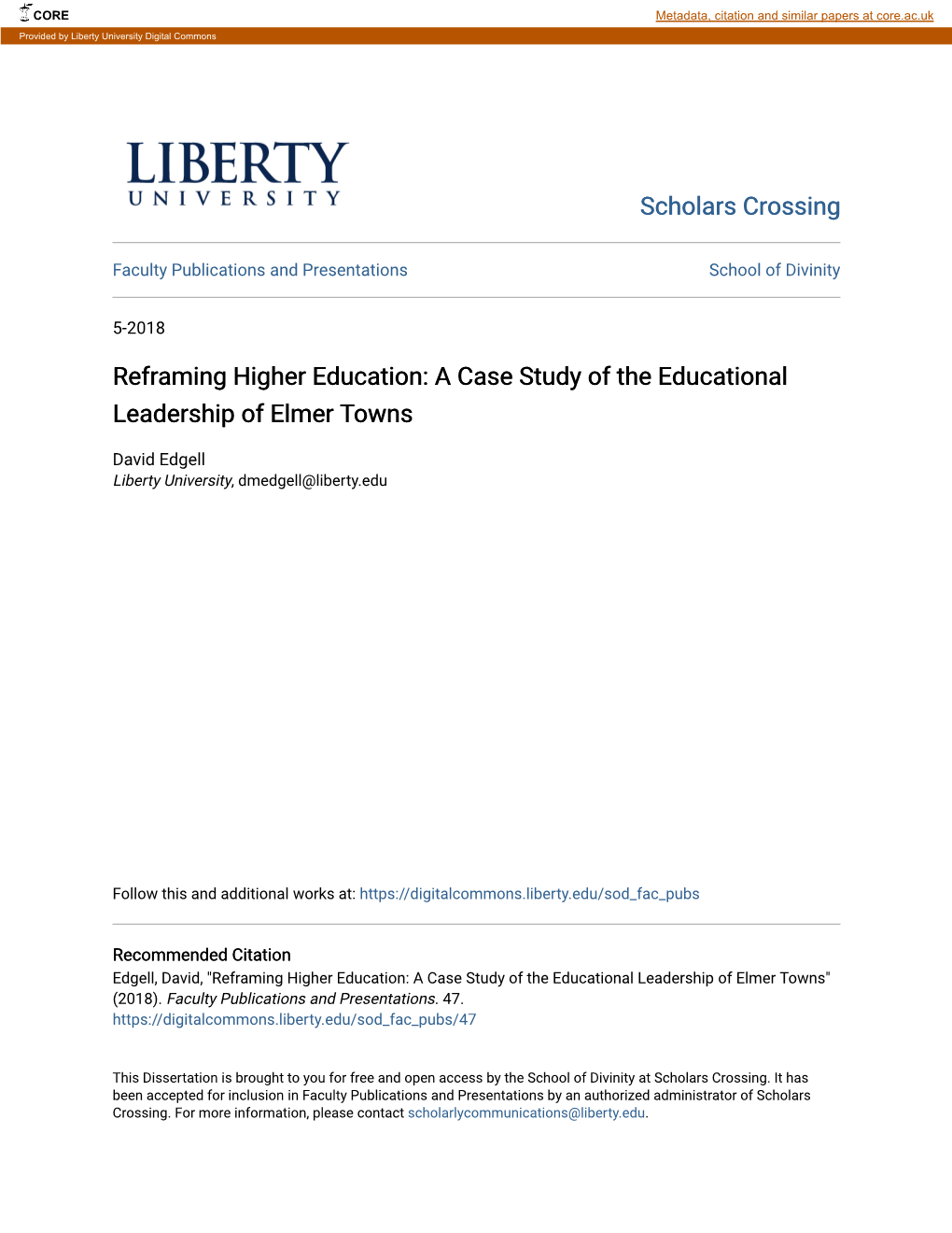 A Case Study of the Educational Leadership of Elmer Towns