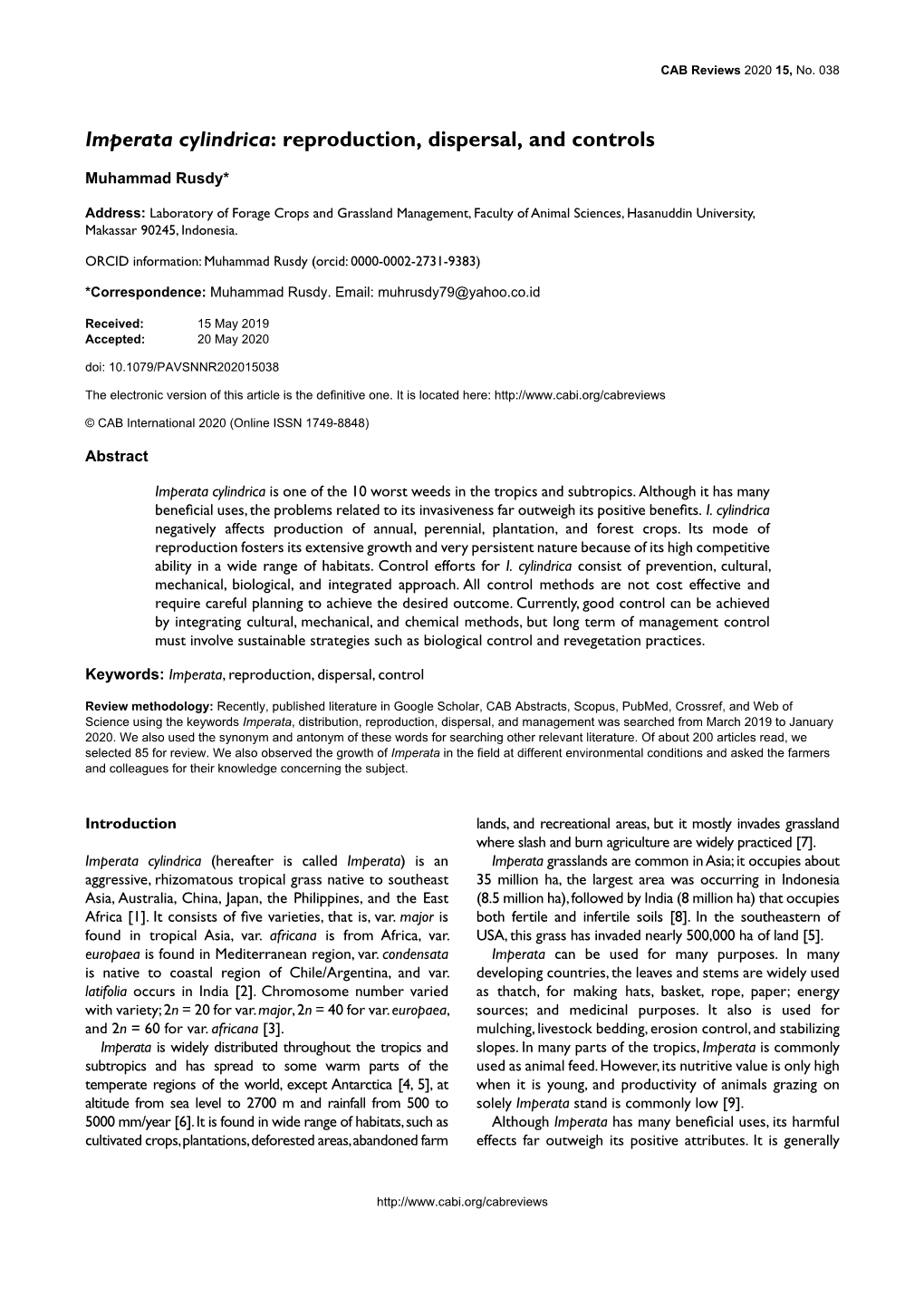 Imperata Cylindrica: Reproduction, Dispersal, and Controls