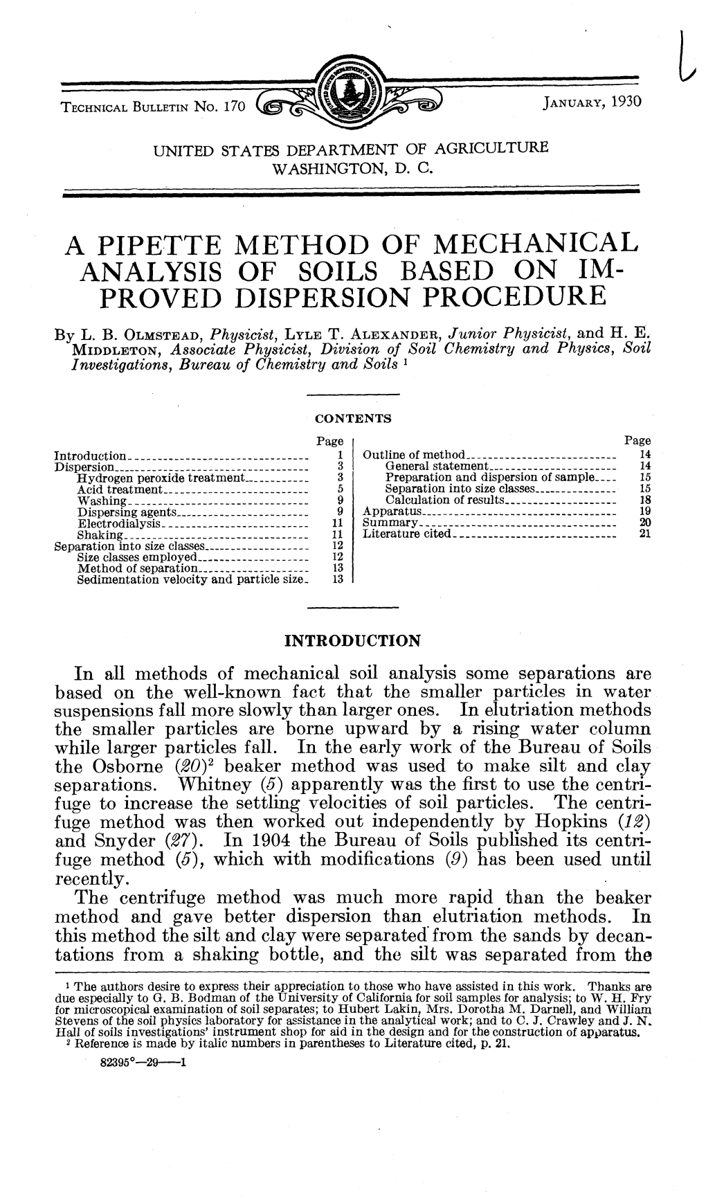 A Pipette Method of Mechanical Analysis of Soils Based on Im- Proved Dispersion Procedure