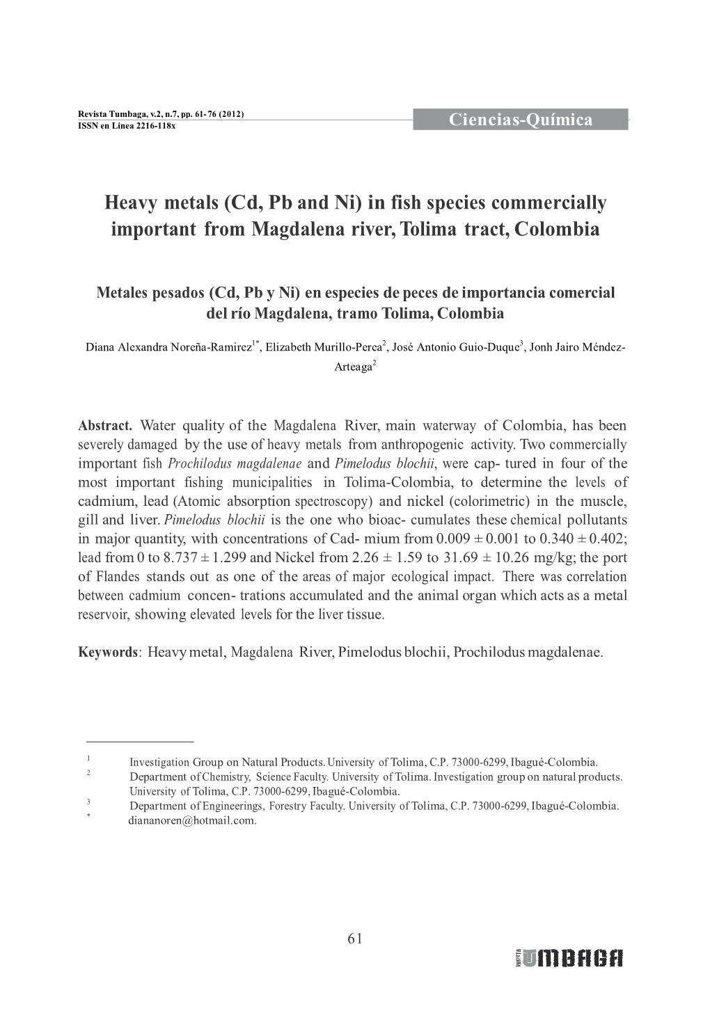 Heavy Metals (Cd, Pb and Ni) in Fish Species Commercially Important from Magdalena River, Tolima Tract, Colombia