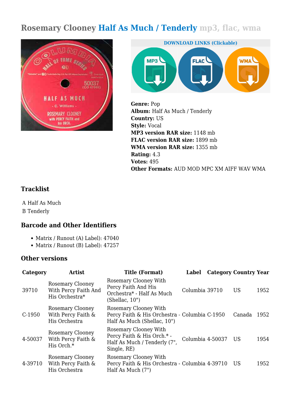 Rosemary Clooney Half As Much / Tenderly Mp3, Flac, Wma