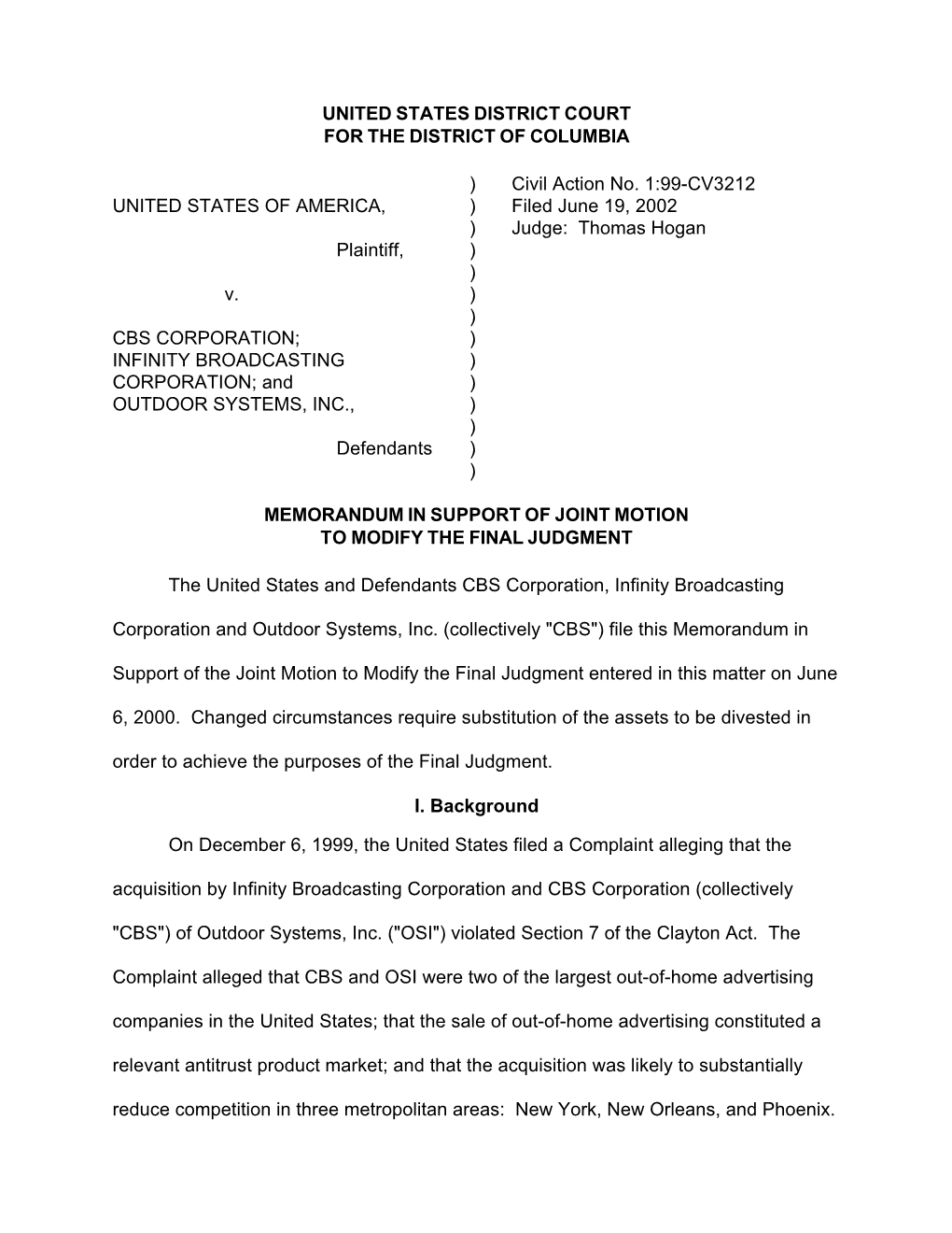 Memorandum in Support of Joint Motion to Modify the Final Judgment