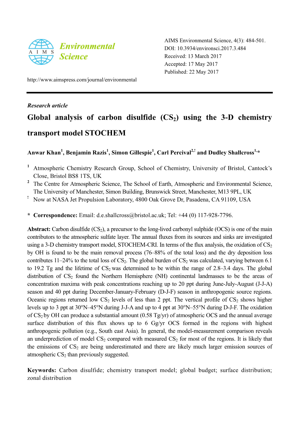 Global Analysis of Carbon Disulfide (CS2) Using the 3-D Chemistry Transport Model STOCHEM