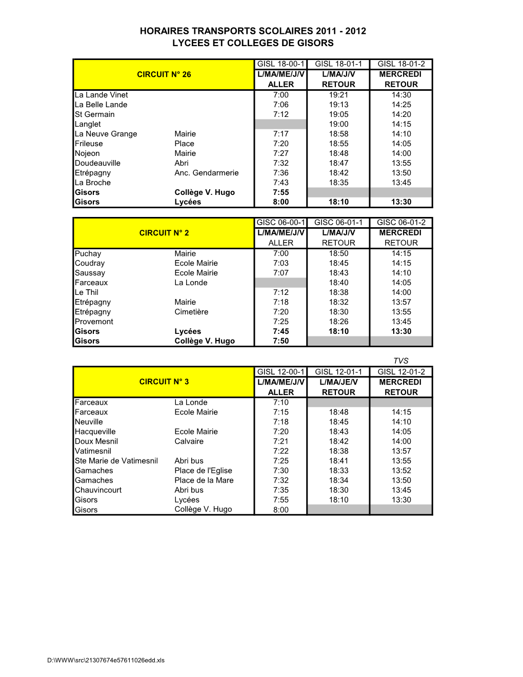 Horaires Transports Scolaires 2011 - 2012 Lycees Et Colleges De Gisors