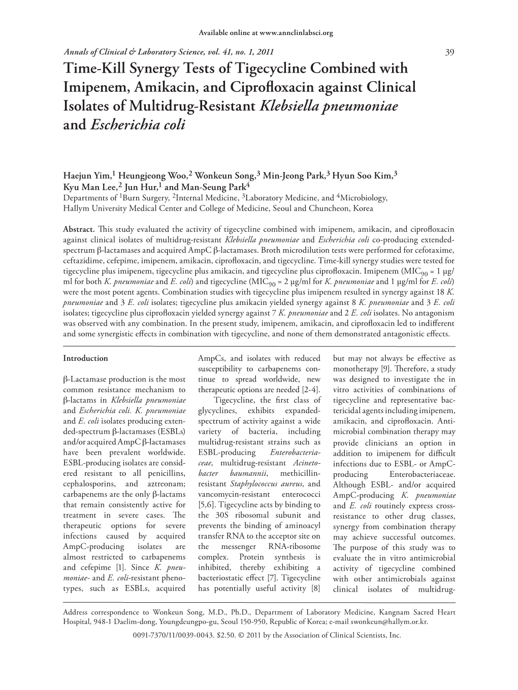 Time-Kill Synergy Tests of Tigecycline Combined with Imipenem, Amikacin