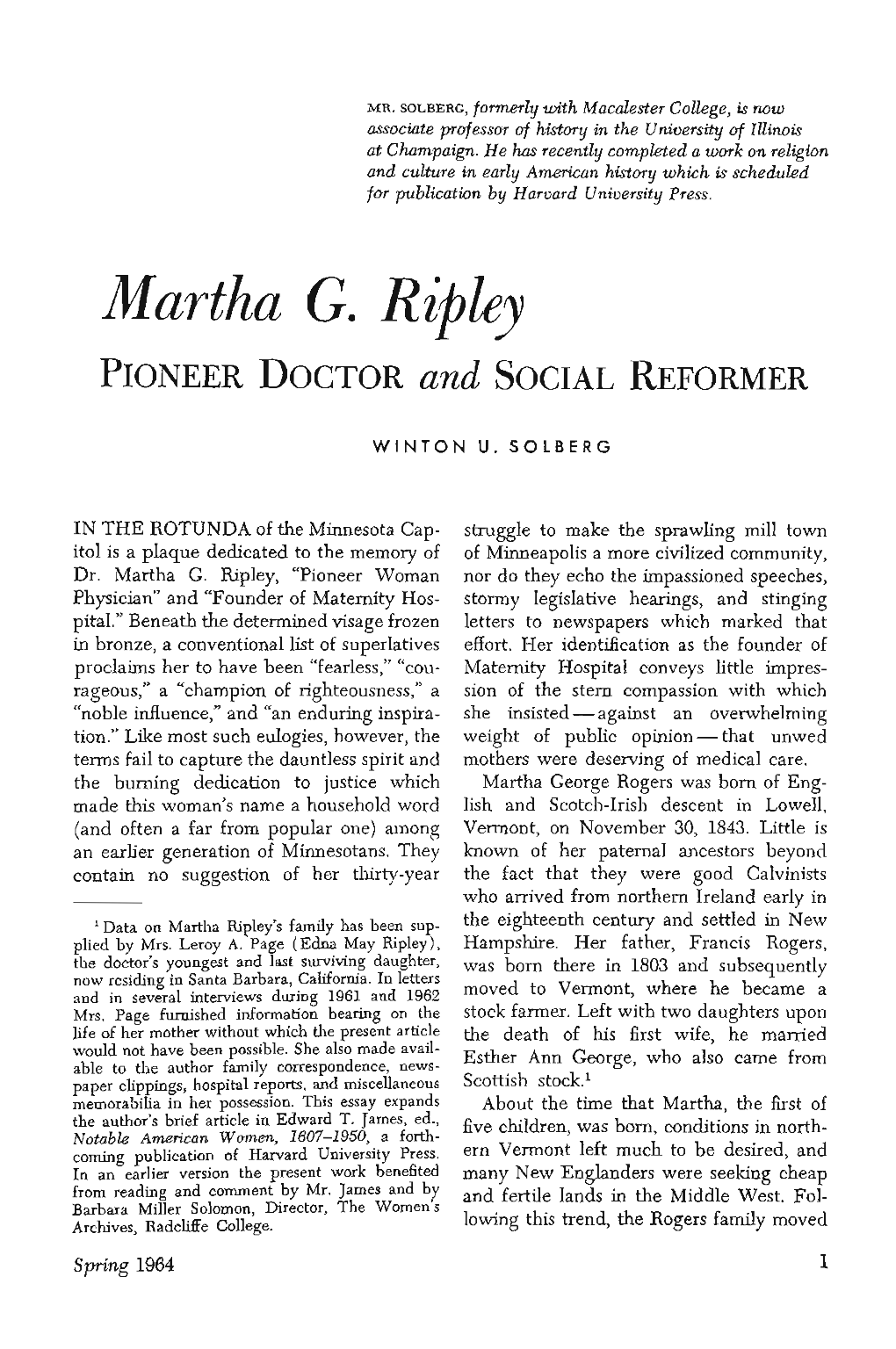 Martha G. Ripley, Pioneer Doctor and Social Reformer