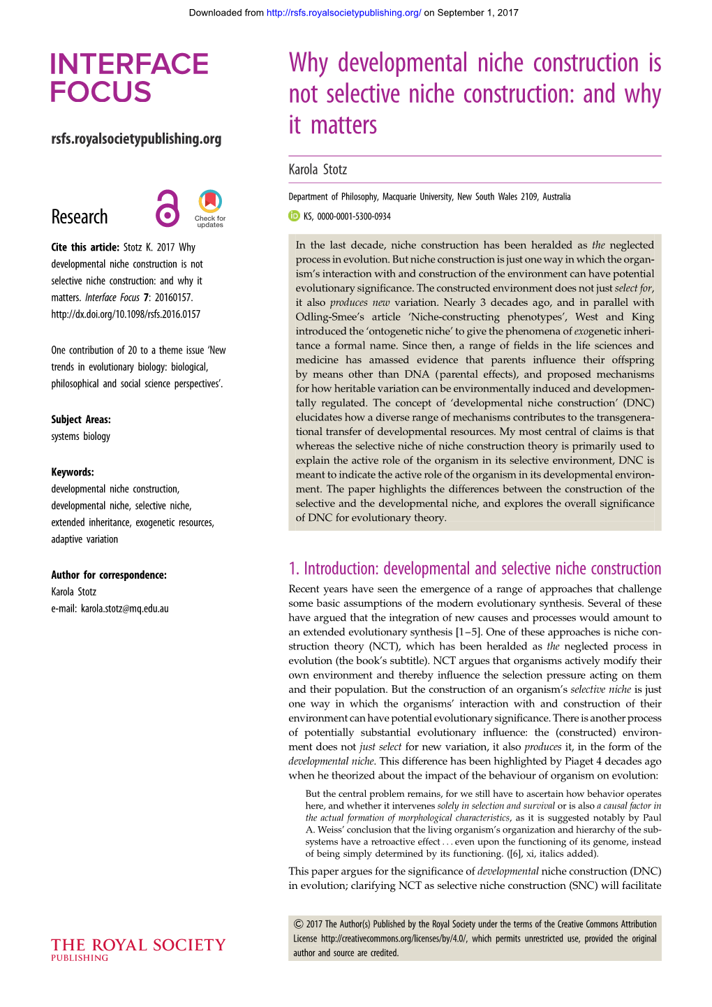 Why Developmental Niche Construction Is Not Selective Niche Construction: and Why Rsfs.Royalsocietypublishing.Org It Matters Karola Stotz