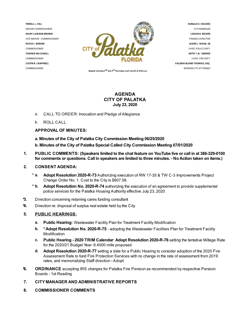 AGENDA CITY of PALATKA July 23, 2020