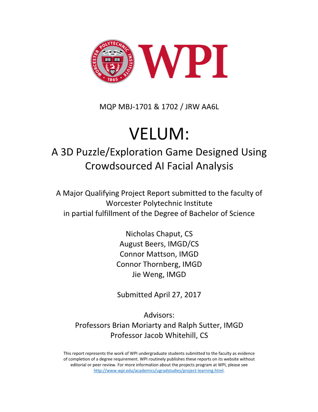 VELUM: a 3D Puzzle/Exploration Game Designed Using Crowdsourced AI Facial Analysis