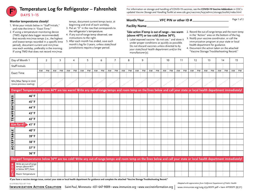 Temperature Log for Refrigerator -- Fahrenheit