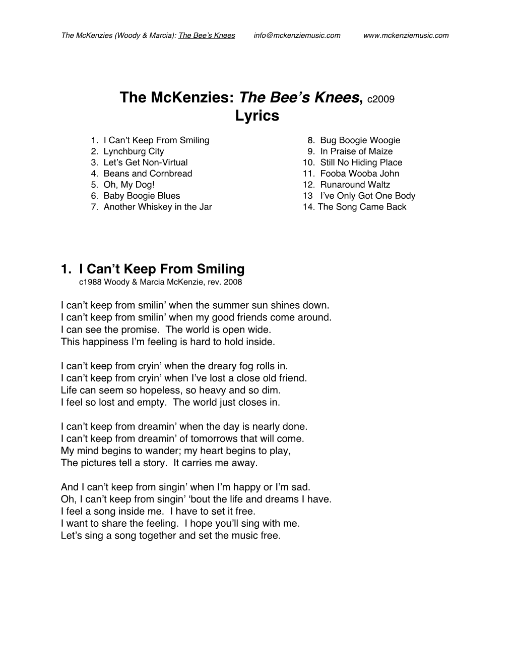 The Bee's Knees, C2009 Lyrics