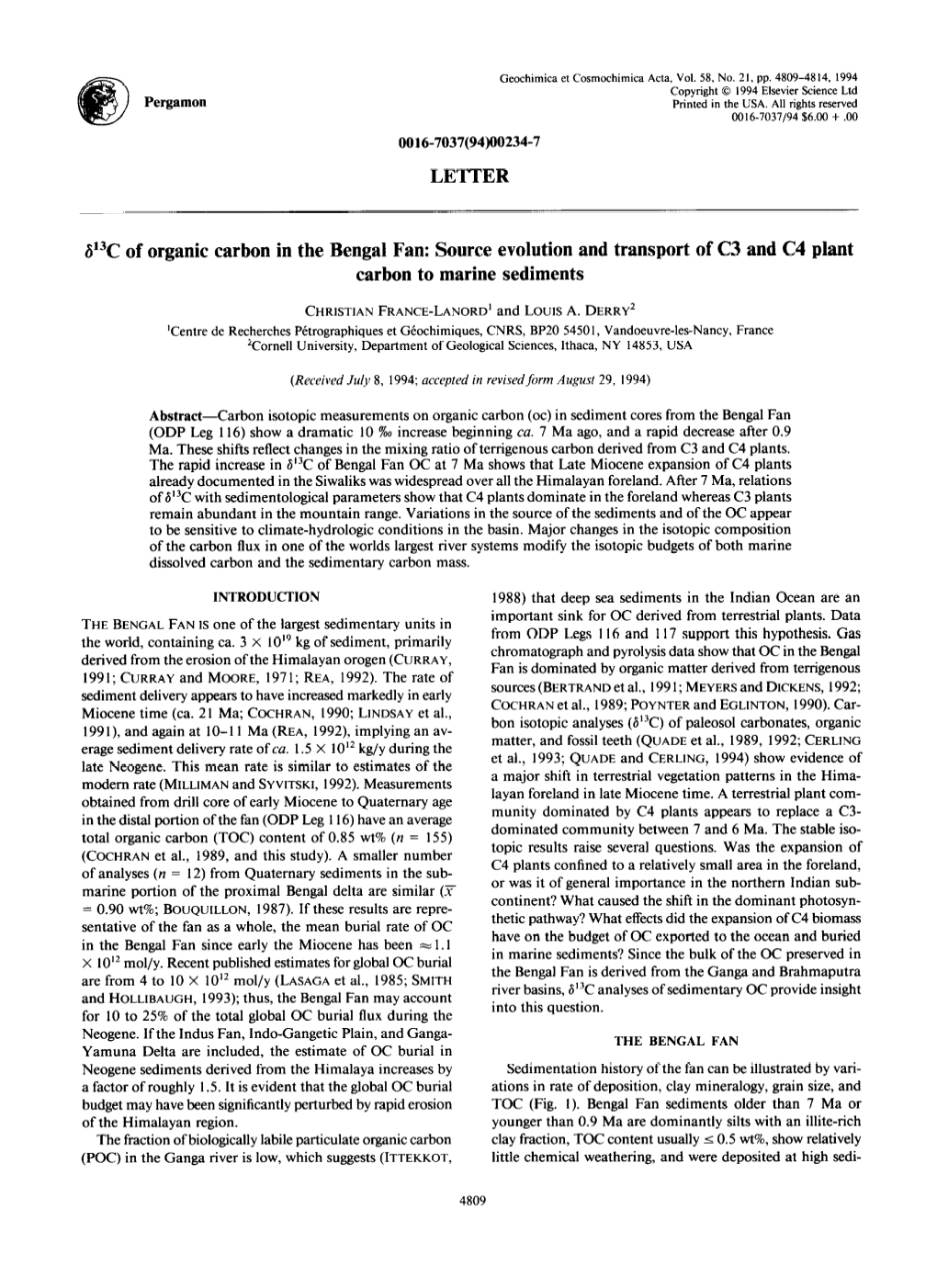 LETTER 613C of Organic Carbon in the Bengal