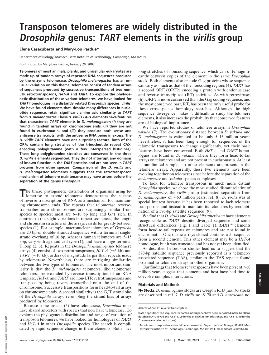 Transposon Telomeres Are Widely Distributed in the Drosophila Genus: TART Elements in the Virilis Group